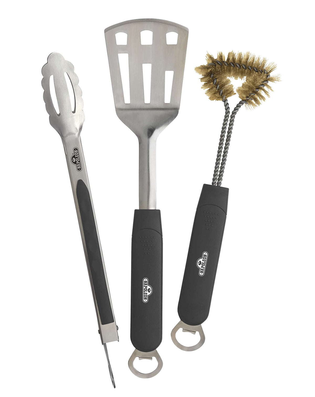 Napoleon 3 Piece Stainless Steel Bbq Toolset 70024 Sturdy Stainless Steel Spatula, Tongs, Brass Bbq Cleaning Brush, Heat Resista