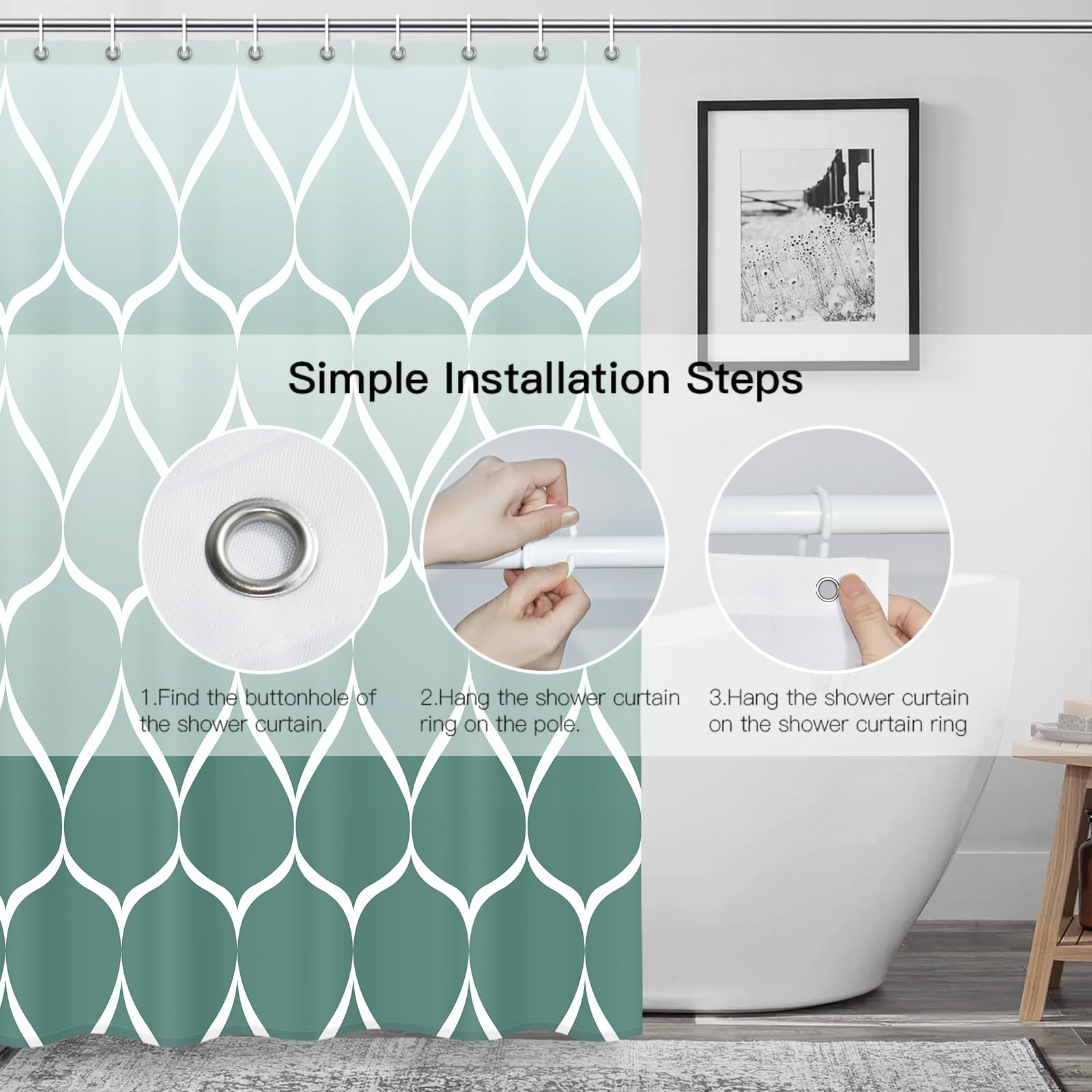 Gelbchu Ombre Teal Fabric Shower Curtain, Waterproof Design And Polyester, Quick-Drying, Weighted Hem, Shower Curtains Set For B