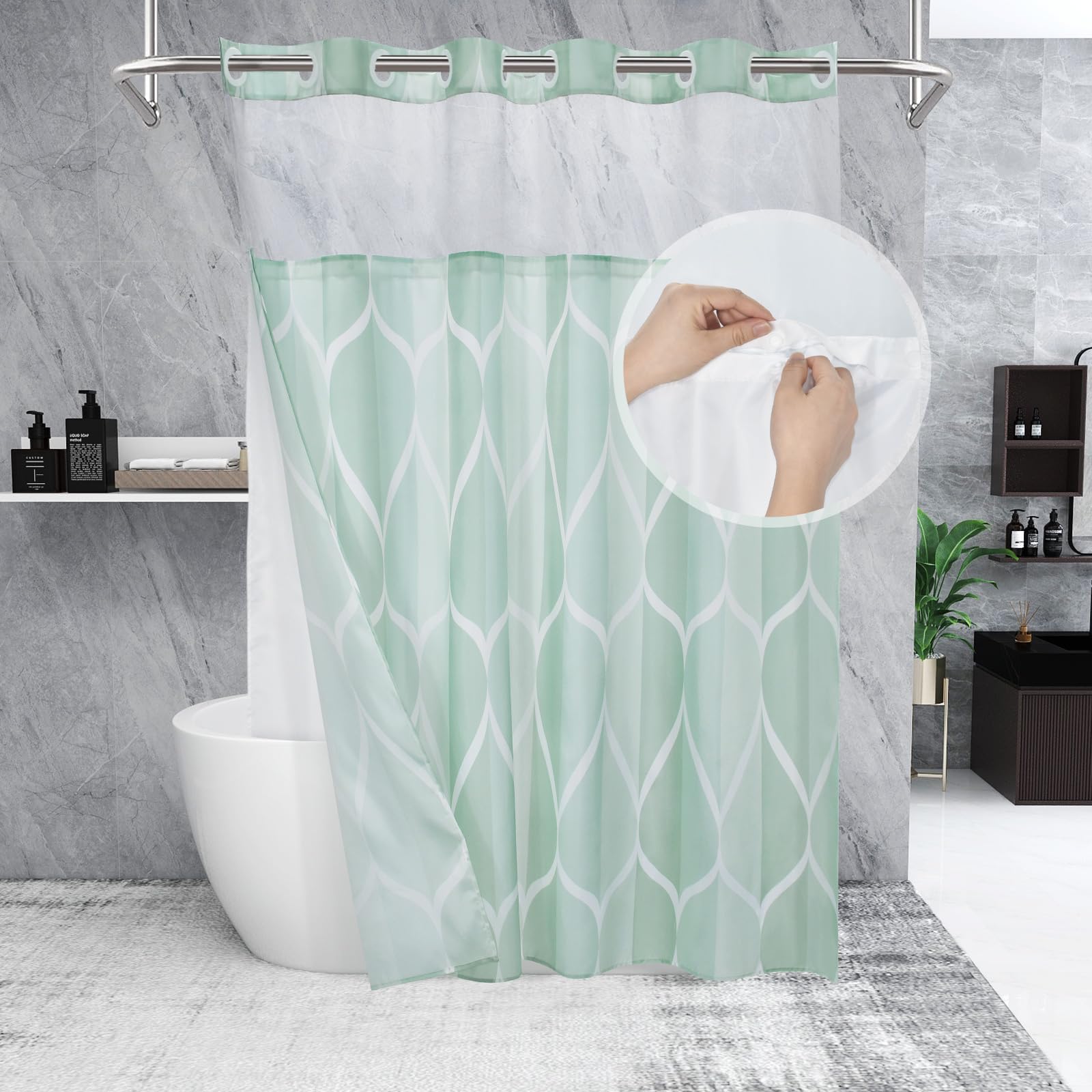 Yiatn Light Green No Hook Hotel Collection Shower Curtain - Hotel Style With See Through Mesh Top Window, Modern Geometric Water