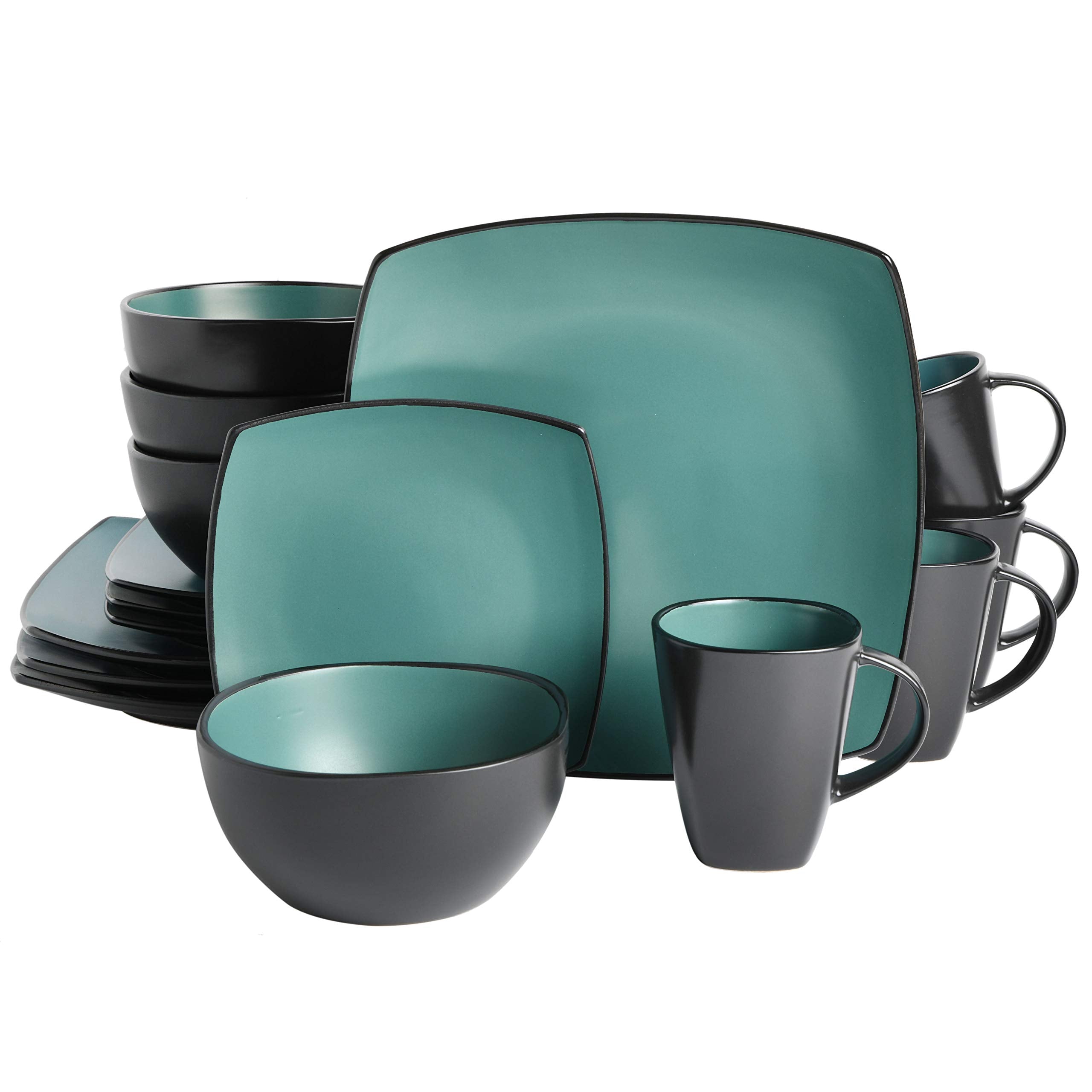 Gibson Soho Lounge Square Reactive Glaze Stoneware Dinnerware Set, Service for 4 (16pc), Matte Jade
