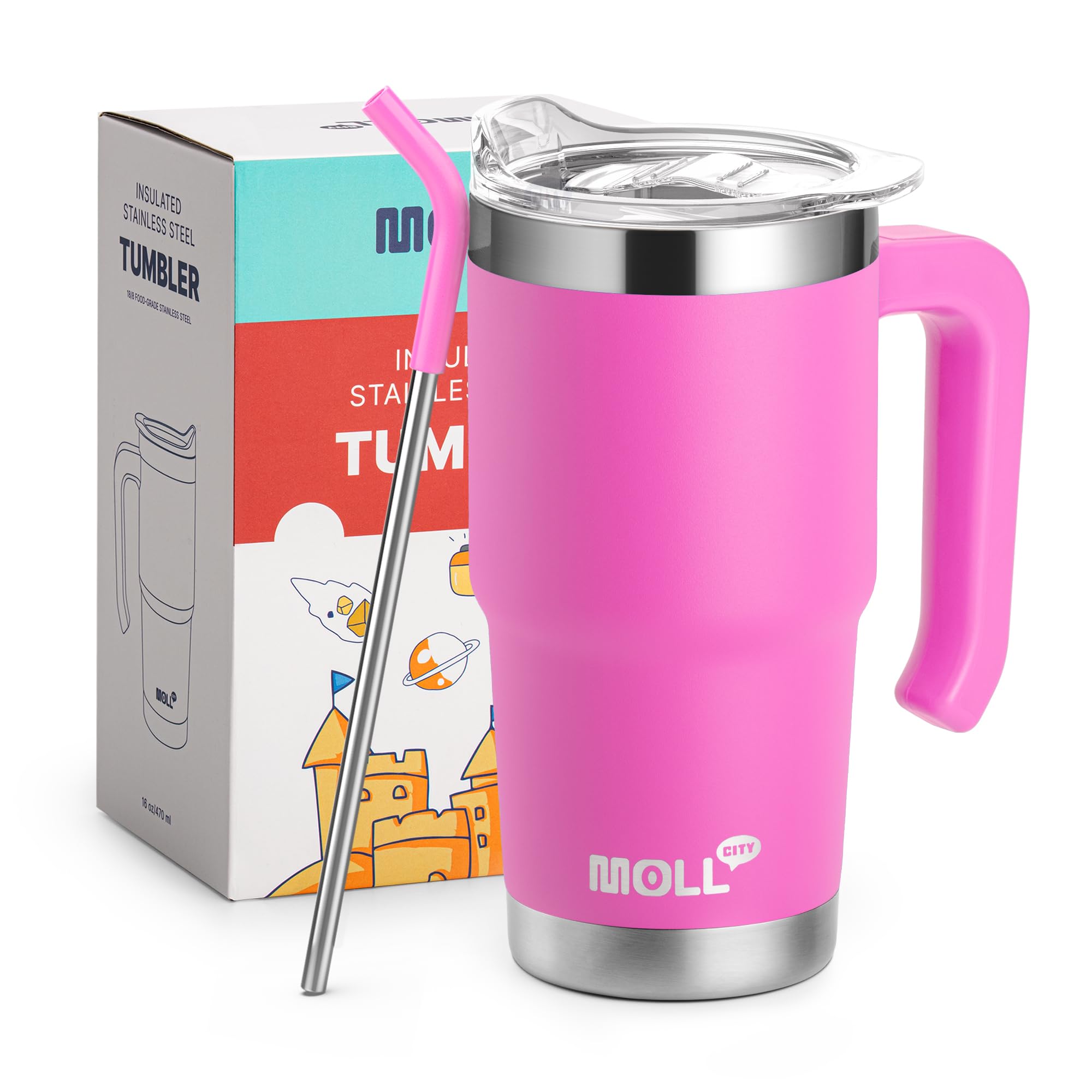 Mollcity Kids Tumbler-16 oz Stainless Steel Double Wall Vacuum Insulated Tumbler Cup with Lid and Straw Travel Coffee Mug with H