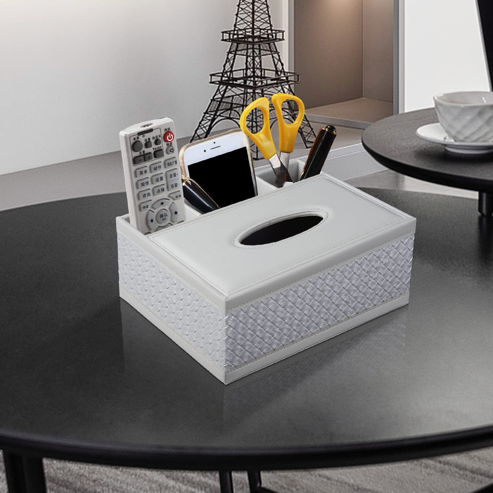 Xnone Tissue Box Cover Rectangle White Kleenex Box Holder Pu Leather Facial Tissue Organizer,Multifunctional Remote Control Stat