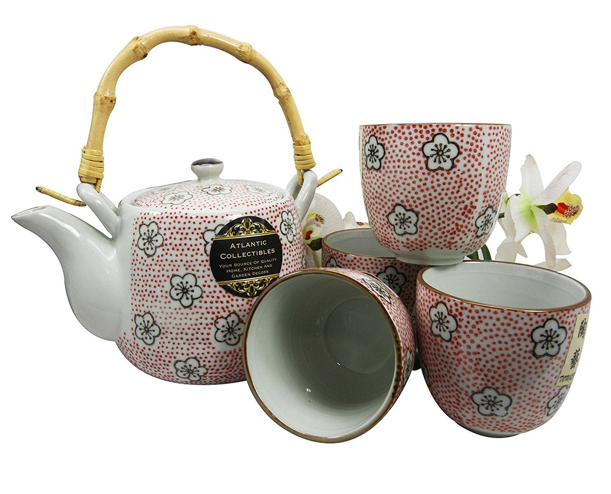 Atlantic Collectibles Japanese Cherry Blossom 20Oz Ceramic Tea Pot And Cups Set Serves 4 People (Red Polkadots)