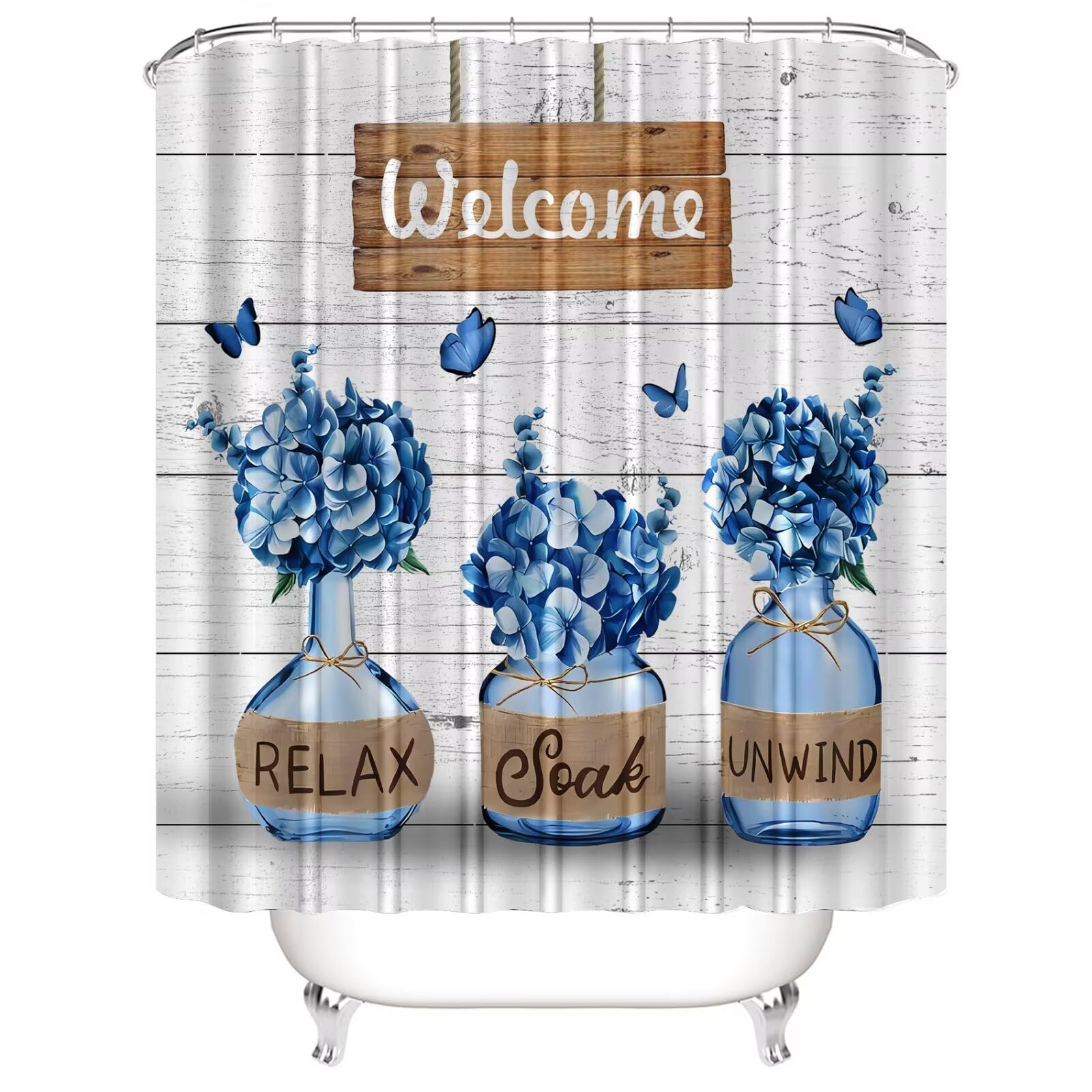 Azhm Blue Hydrangea Shower Curtain Sets For Bathroom 4 Pcs Welcome Bathroom Sets With Shower Curtains And Rugs And Accessories F
