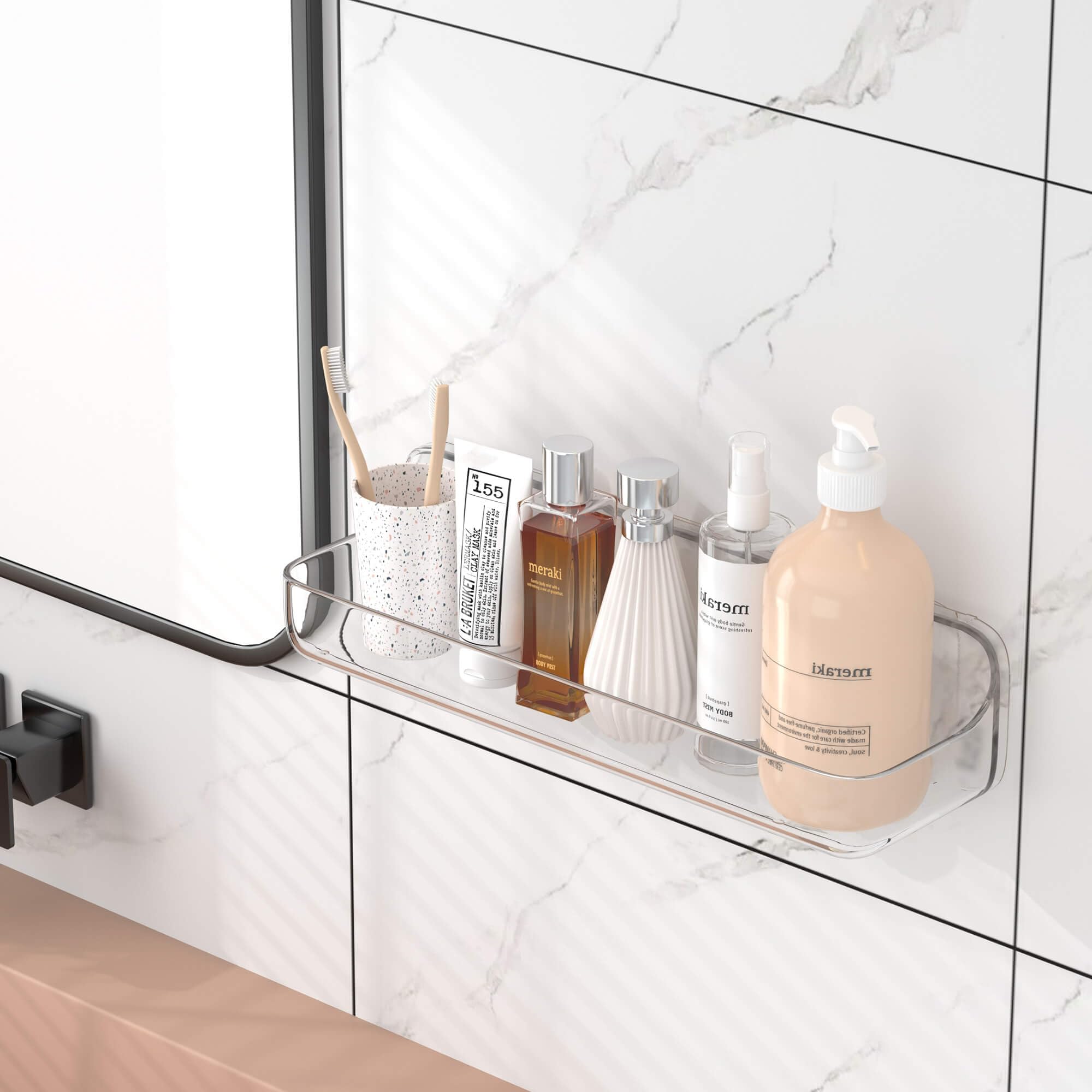 Tzamli Shower Caddy Bathroom Shelves, No Drilling Adhesive Shelf Plastic Clear Shower Organizer, Wall Mounted Shower Rack For Ba