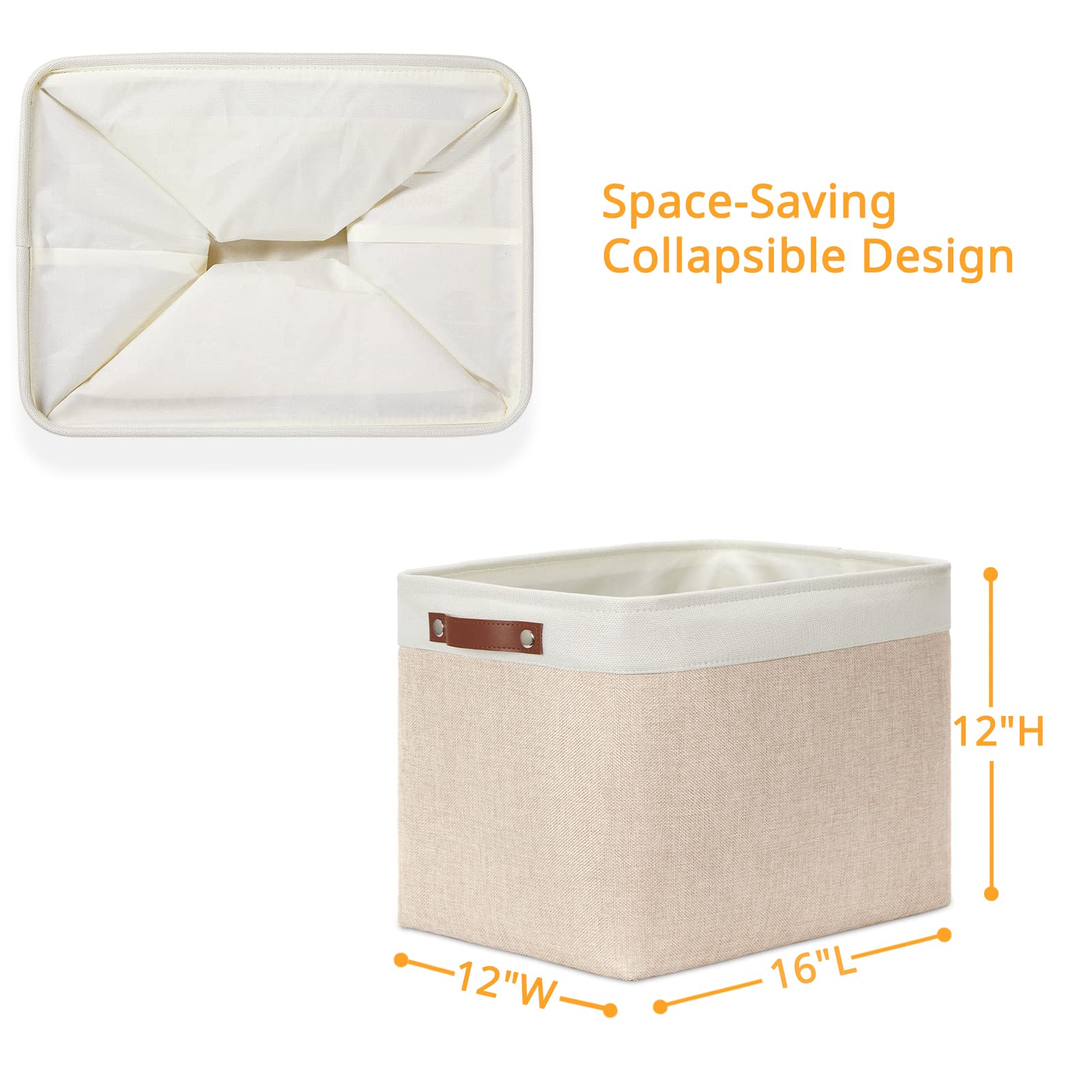 DULLEMELO 2-Pack Large Storage Baskets for Organizing 16 ''x12 ''x12 '' Canvas Fabric Storage Basket Bins With Leather Handles for Shelf Clothes Empty Gift Basket (White&Khaki)