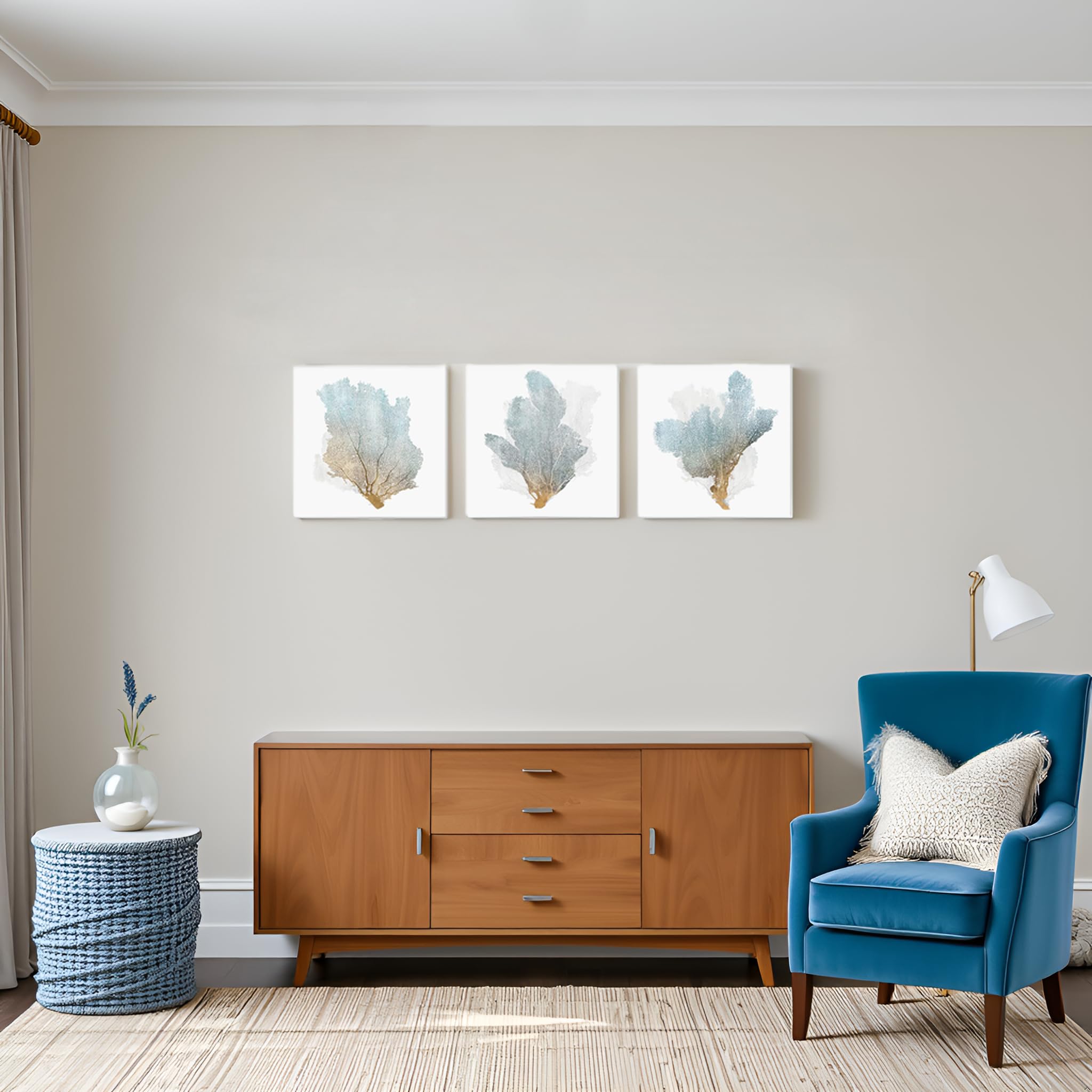JAPO ART 3 piece Delicate Coral Wall Decor for Bedroom Coastal Wall Art Home Decor Framed Sea Fan Pictures Nautical Prints Artwork for Wall Art sets of 3 for bathroom 16 x 16 inch x 3 pcs