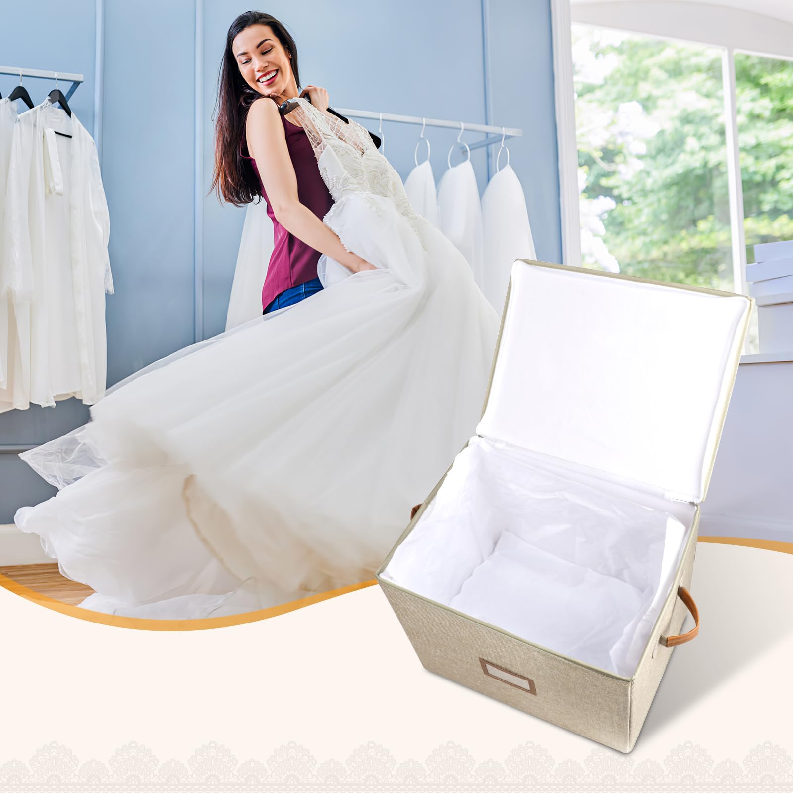 Lukeline Wedding Dress Storage Box, Wedding Dress Preservation Box with Lid, Foldable Acid-Free Organizer with 1 Pair of Microfi