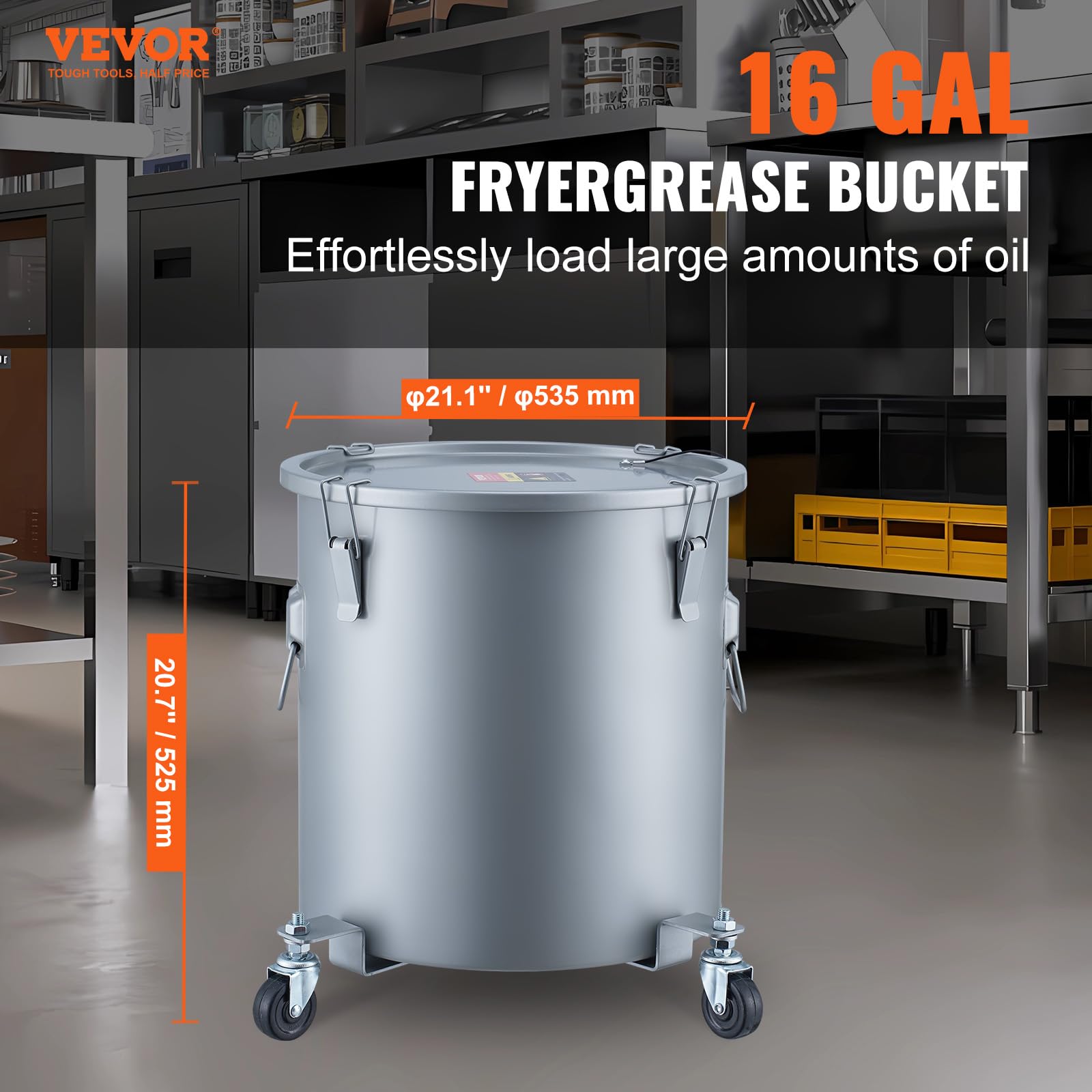Vevor Fryer Grease Bucket, 16 Gal Oil Disposal Caddy With Caster Base, Carbon Steel Rust-Proof Coating, Oil Transport Container