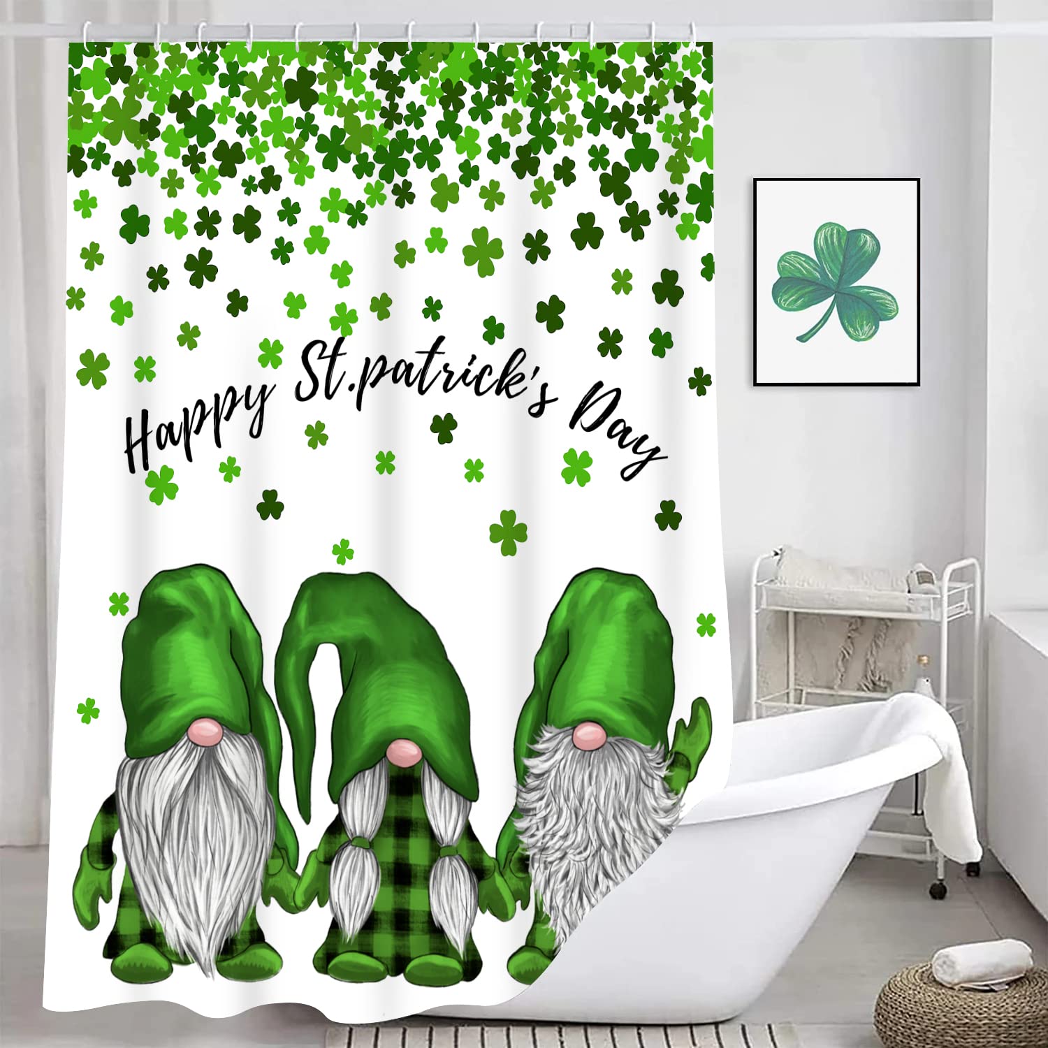 Jbralid Happy St Patrick'S Day Gnome Shower Curtains Green Clover Shamrock Waterproof Bath Curtain Spring Shower Curtain For Bat