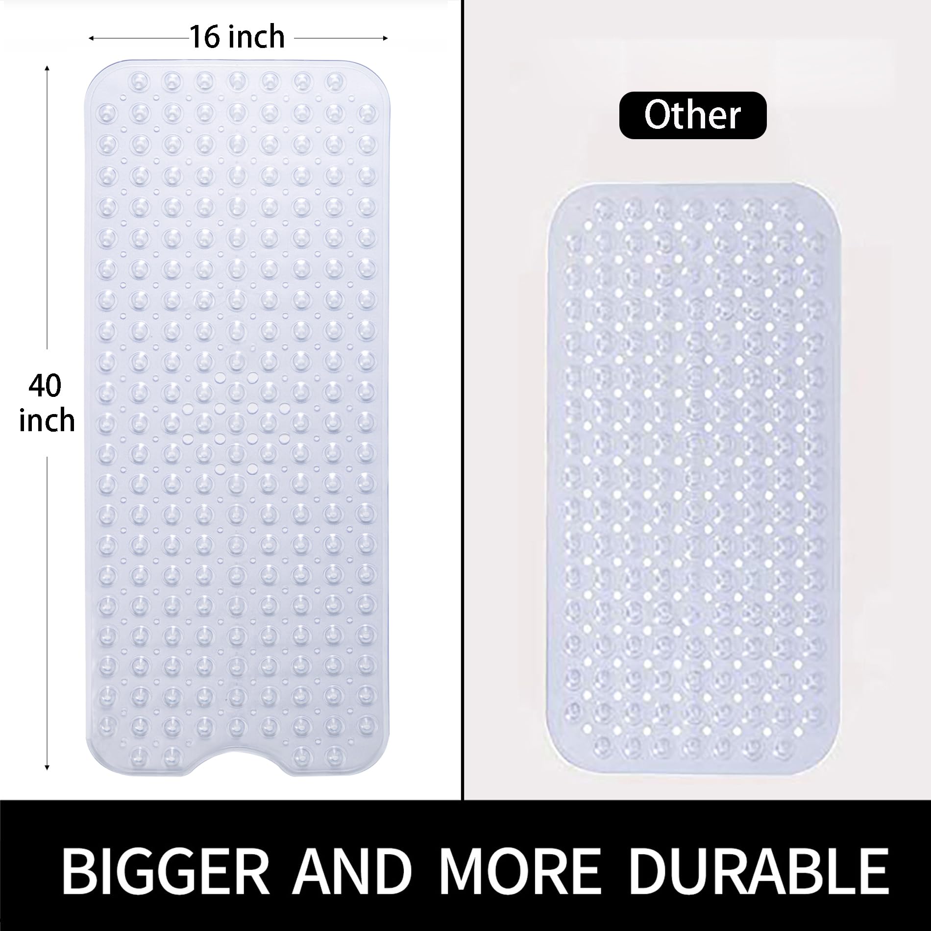 Extra Long Non Slip Bathtub Mat - 40 X 16 Inch Machine Washable Tub Mats With Suction Cups And Drain Holes For Bathroom