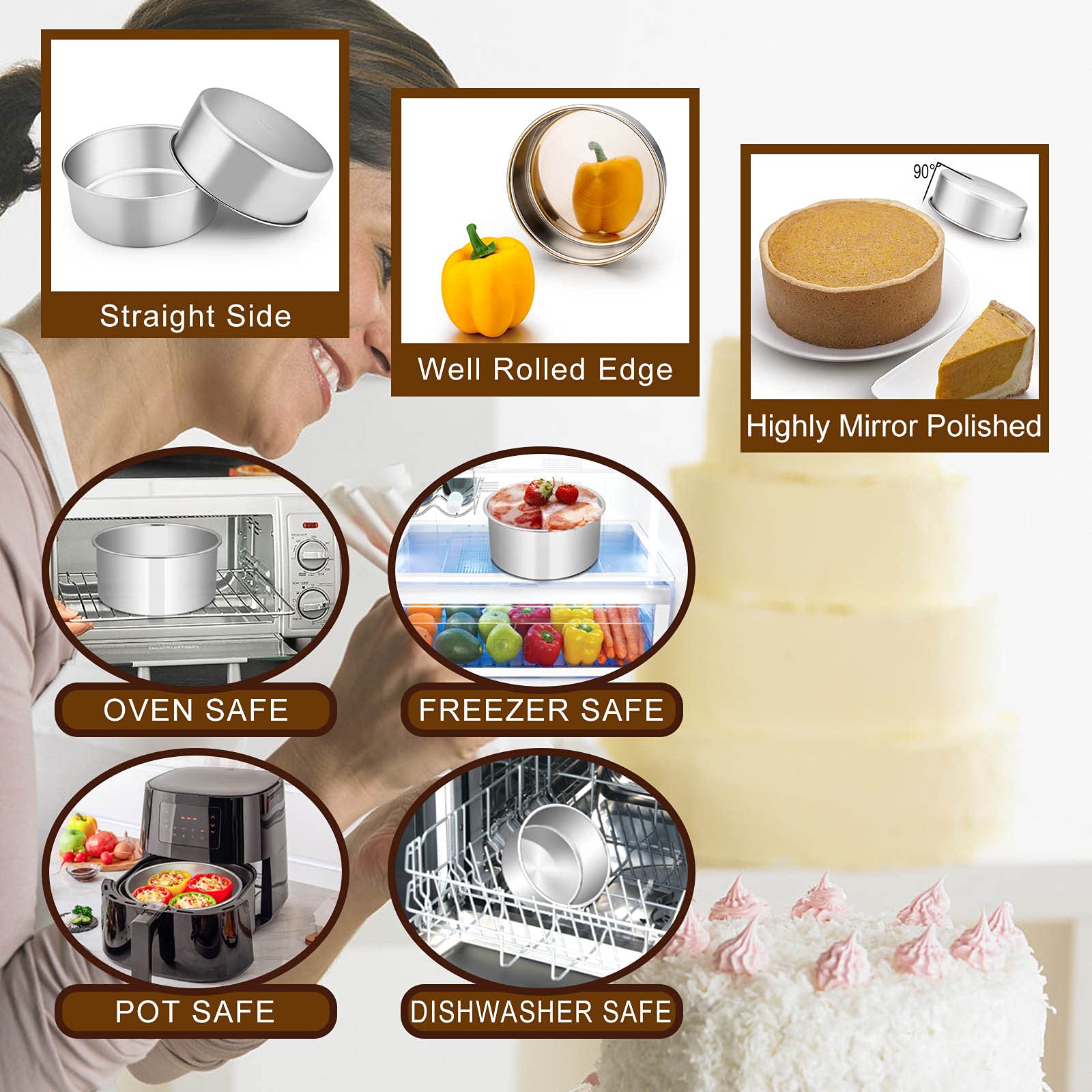 E-Far Deep Cake Pan Set Of 3 (6 Inch/8 Inch/9 Inch), Stainless Steel Round Layer Cake Baking Pans, Metal Tier Cake Tins For Wedd