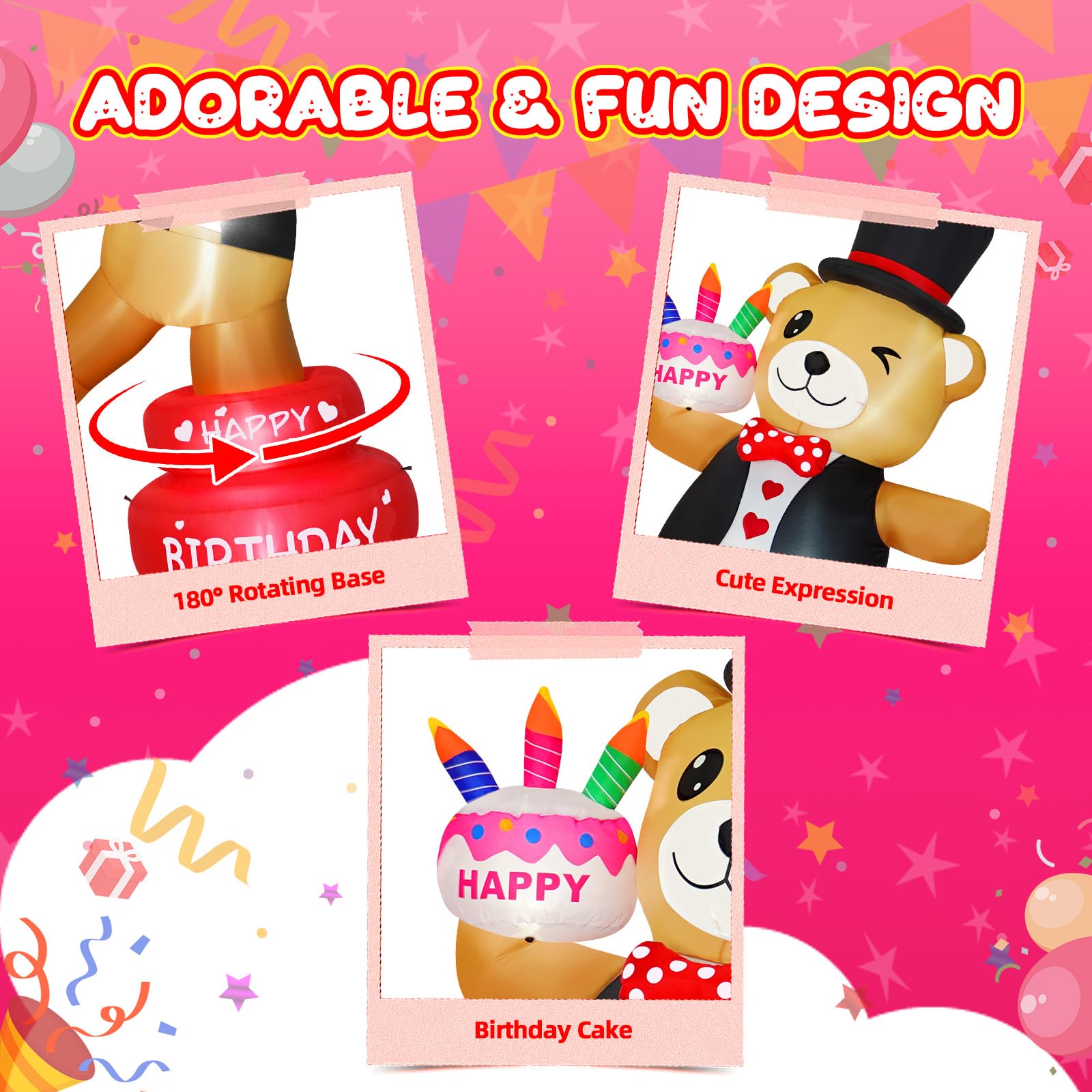 BRDJade 6FT Rotating Brown Bear Holding Birthday Cake Inflatable, 180 Spinning Blow Up Yard Decoration with Bright LED Lights fo