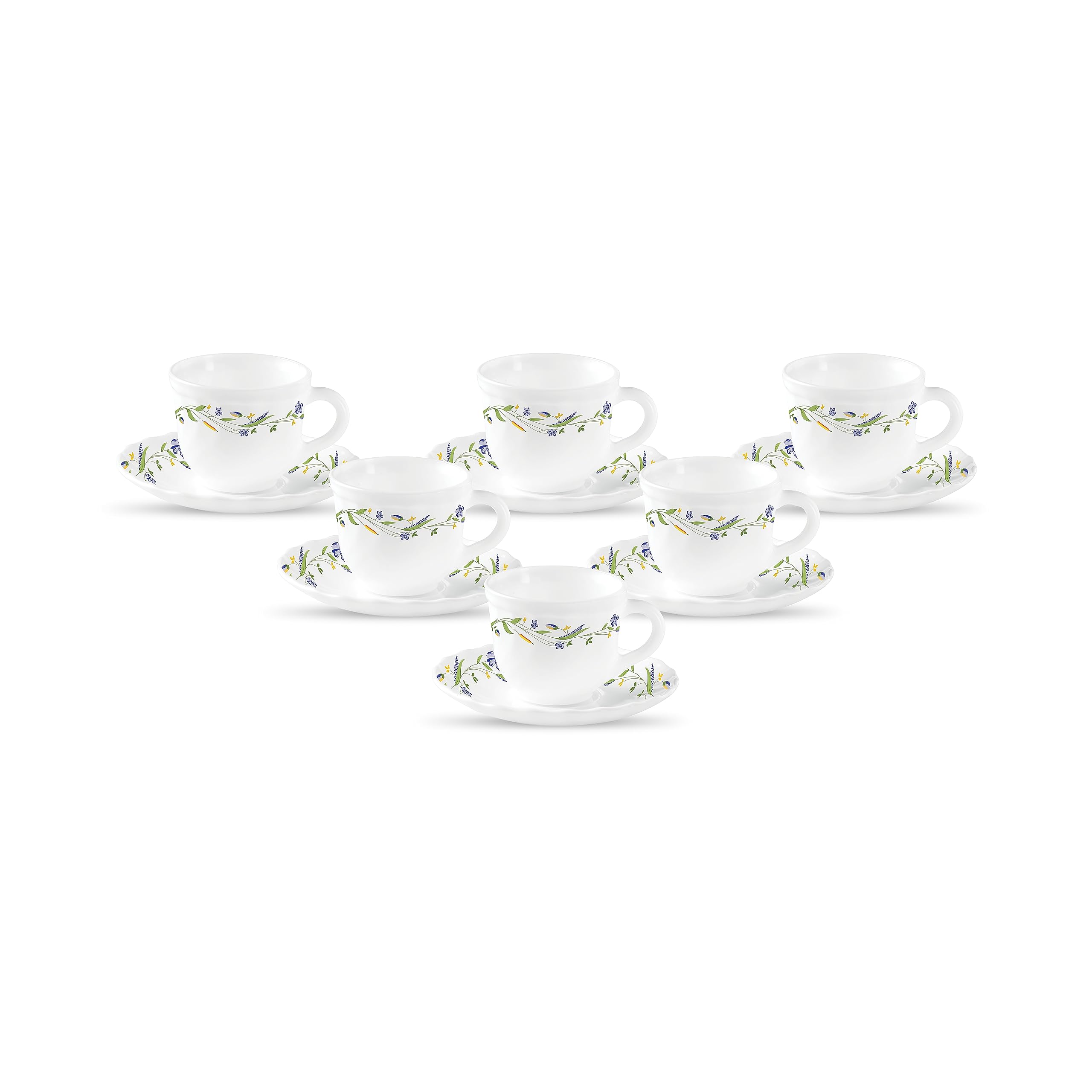 La Opala Diva, Opal Glass Crockery | Cup & Saucer Tulip Large, Set Of 12 | Morning Glory, 220 Ml | For Tea & Coffee | Microwave 