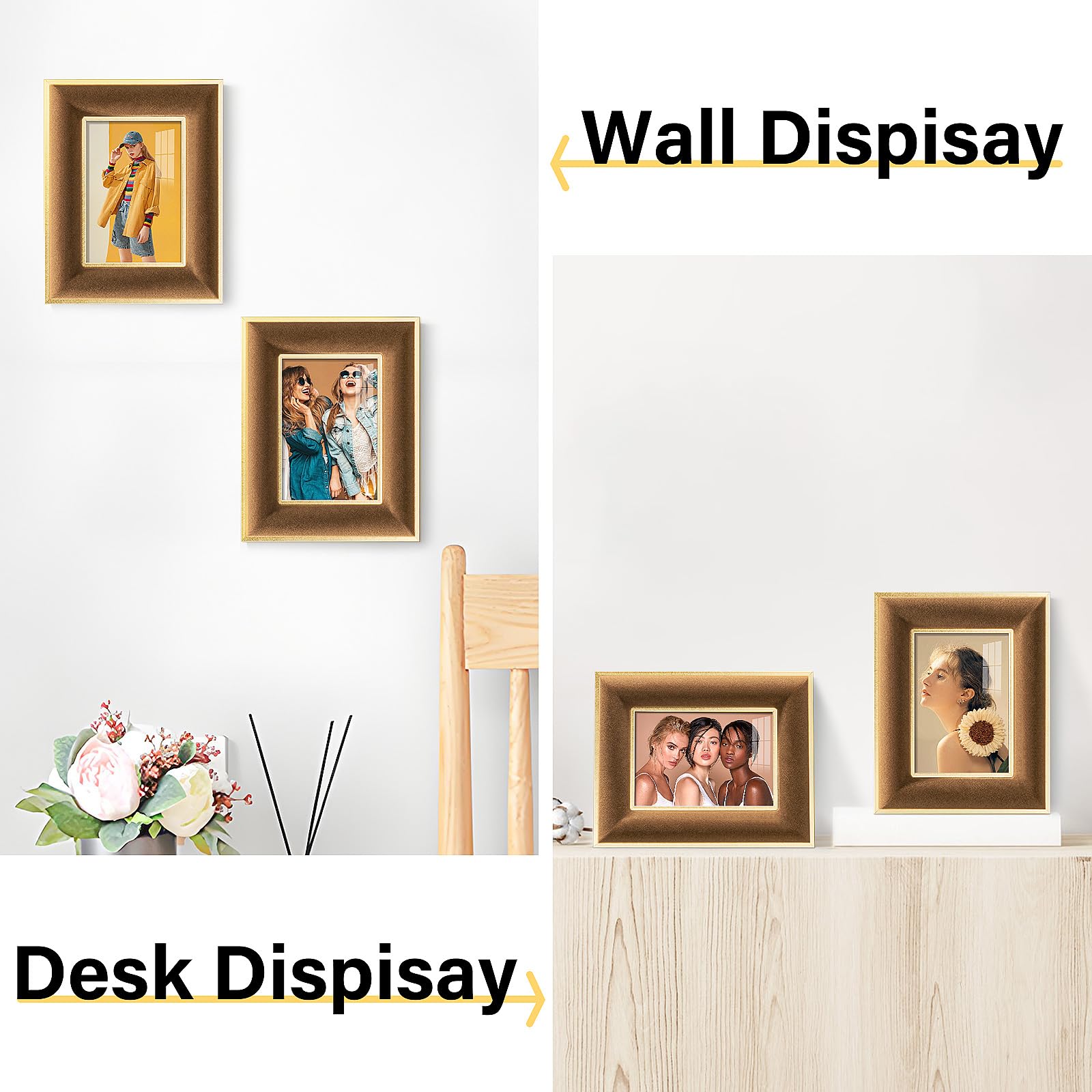 KSROECUD 3.5x5 Velvet Picture Frame, Brown Photo Frames with Modern Simple Metallic Gold Border, HD Real Glass Horizontal & Vert