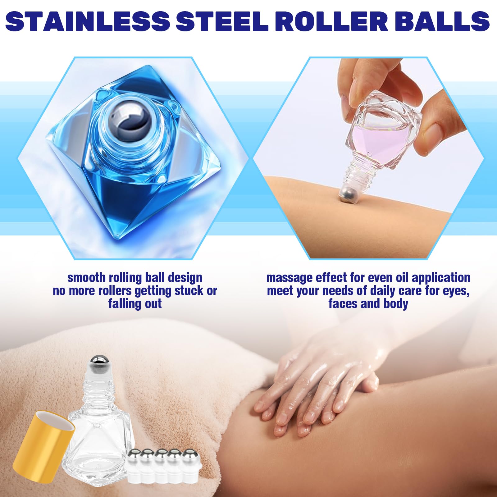 Waltool 41Pcs 8Ml/0.27Oz Polygonal Clear Glass Roller Bottles Kit Contains Stainless Steel Empty Refillable Roll On Glass Bottle