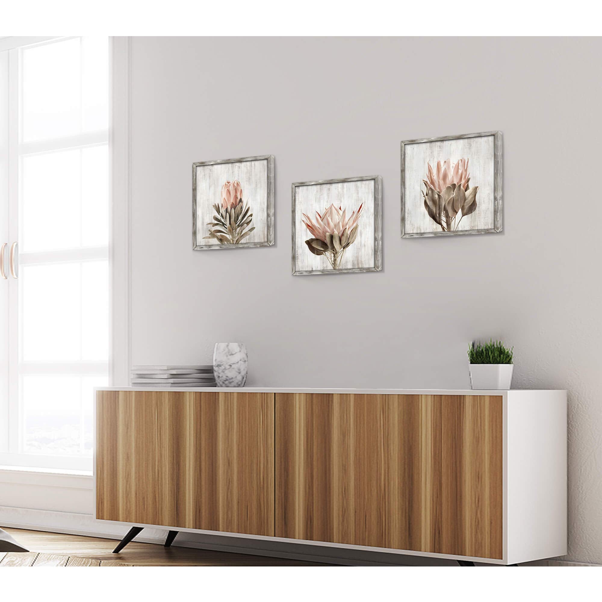 Pink Floral Wall Art Picture: Blossom Protea Flower Artwork Print On Rustic Wood Framed For Home Decor (12    X 12    X 3 Panels