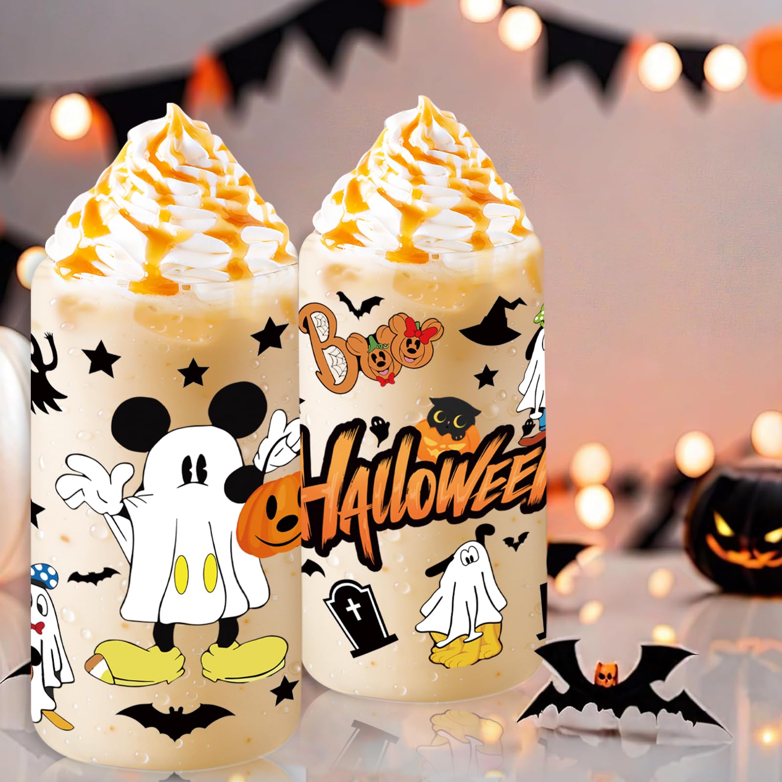 qiyeyeye 4Pcs 16oz Halloween Ghost Glass Cups with Lids and Straws, Cute Mouse and Pumpkin Pattern Design, Iced Coffee Tumblers,