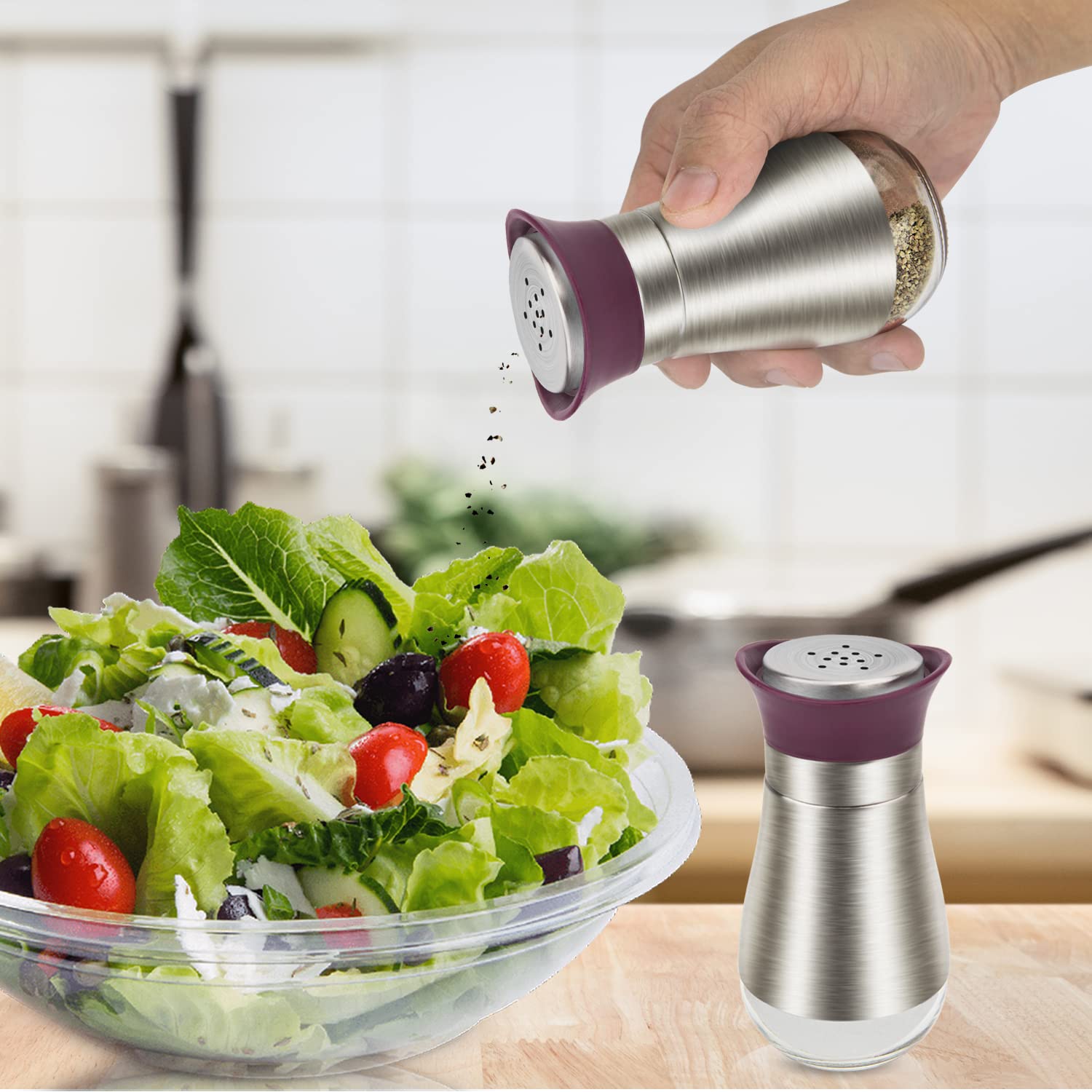 Evelyne Salt Pepper Seasoning Glass Shaker With Stainless Steel Cover 2 Pcs Pack Set (Purple)