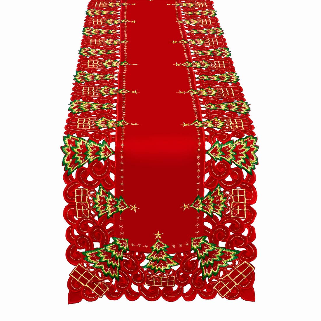 Grelucgo Embroidered Christmas Holiday Holly Tree Table Runner, Dresser Scarf, Rectangular 16 X 132 Inch