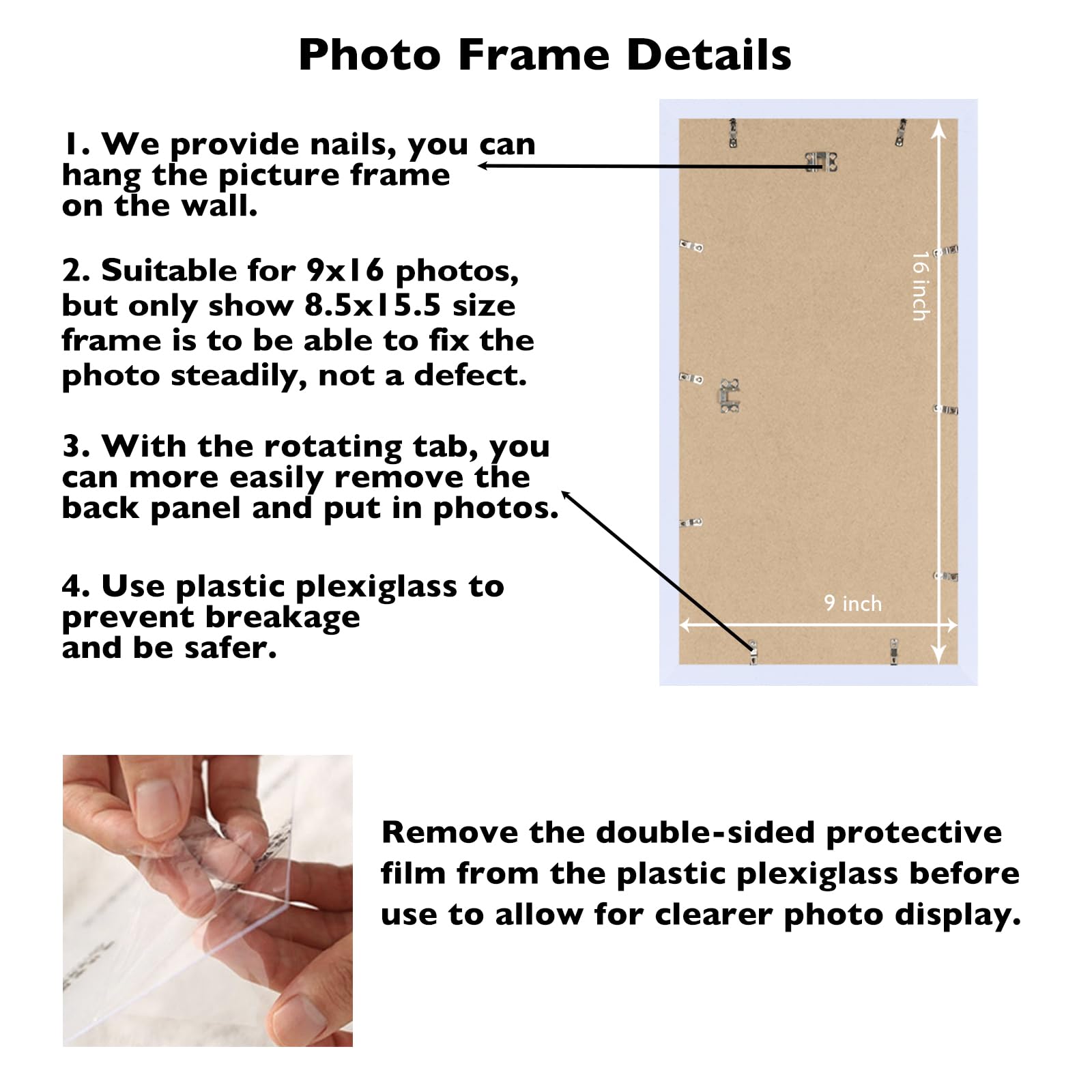 JCJMY 9x16 Picture Frame White for Wall Hanging, Wall Mounting Horizontally or Vertically, 9 x 16 Wall Gallery Poster Photo Fram