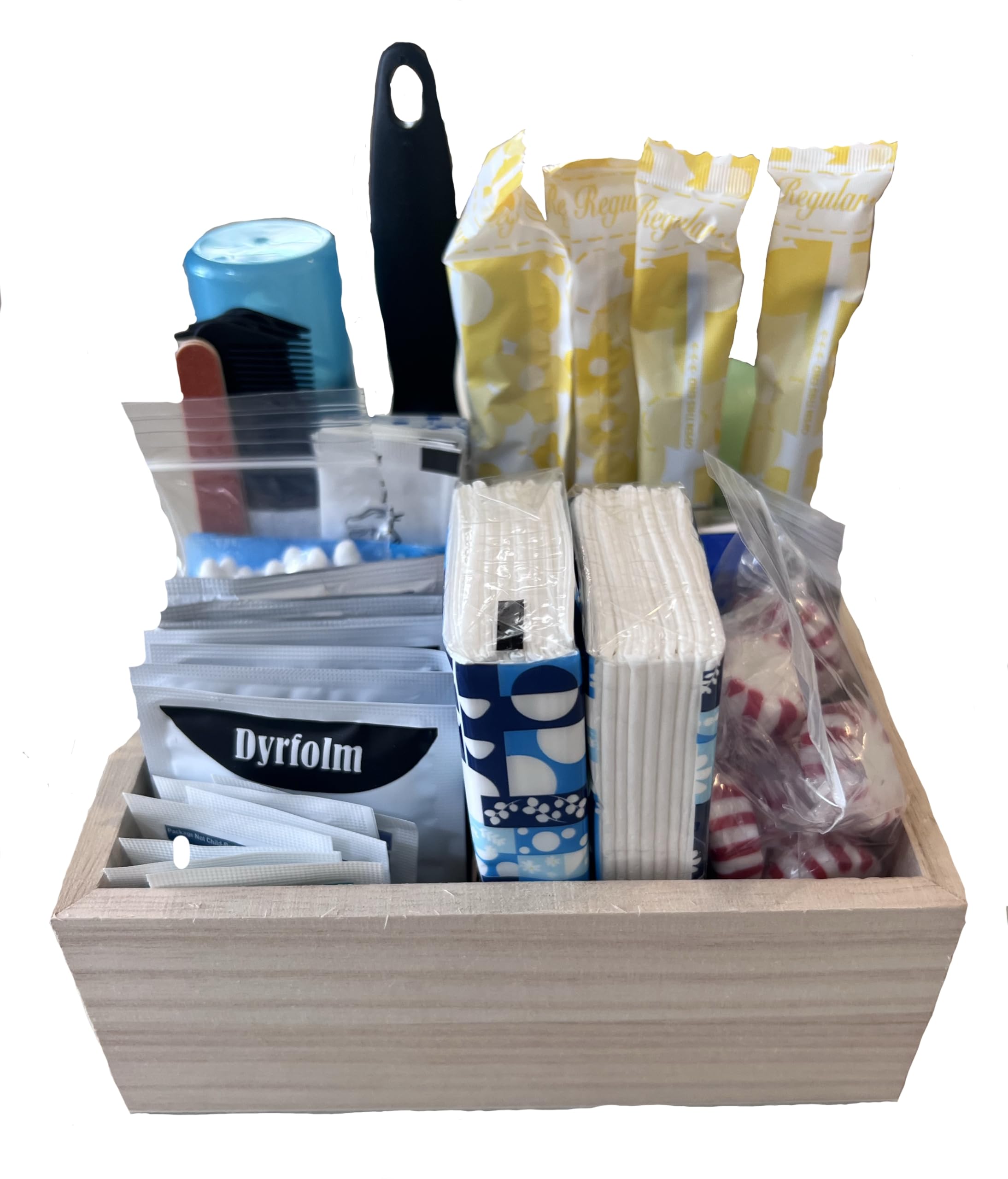With You in Mind, inc - Restroom Amenity Basket - Women/Micro - 25 or Less Guests (Unfinished Wooden Box)