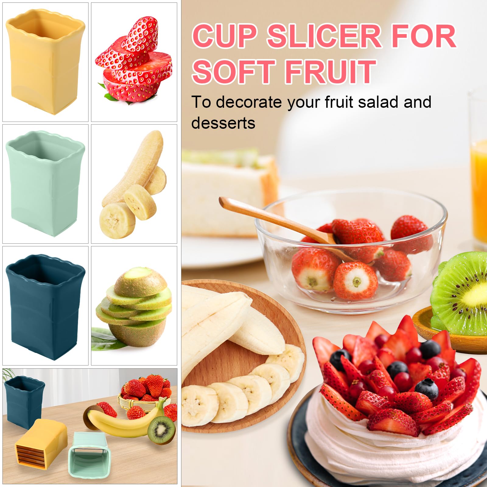 3 Pcs Cup Slicer With 3 Pcs Gap Cleaning Brushes Stainless Steel Strawberry Slicer Banana Slicer Fruit Slicer Fruit Cutters Mult