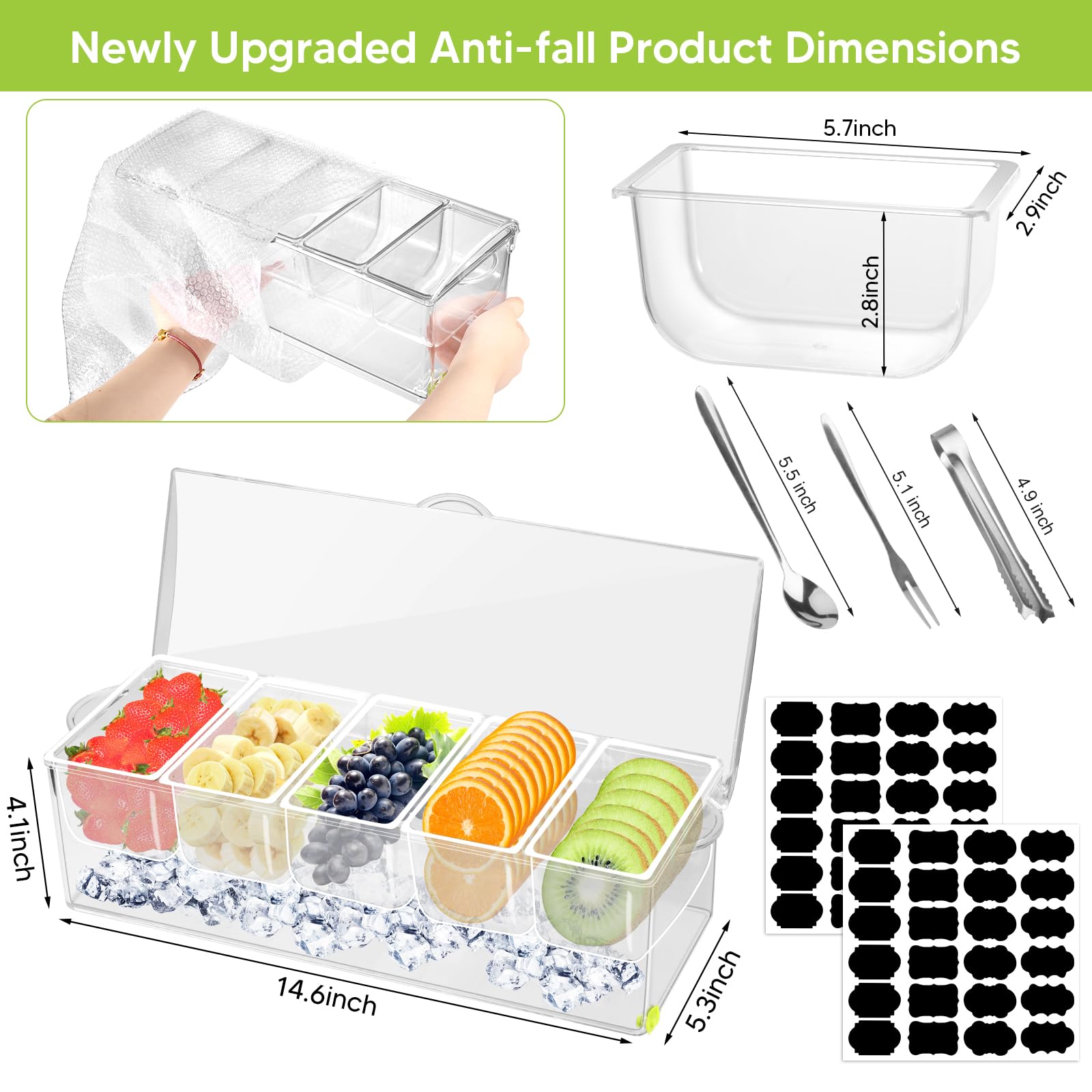Darckle 5 Compartment Condiment Server, Ice Chilled Condiment Containers With Hinged Lid Chilled Caddy With 5 Removable Dishes A