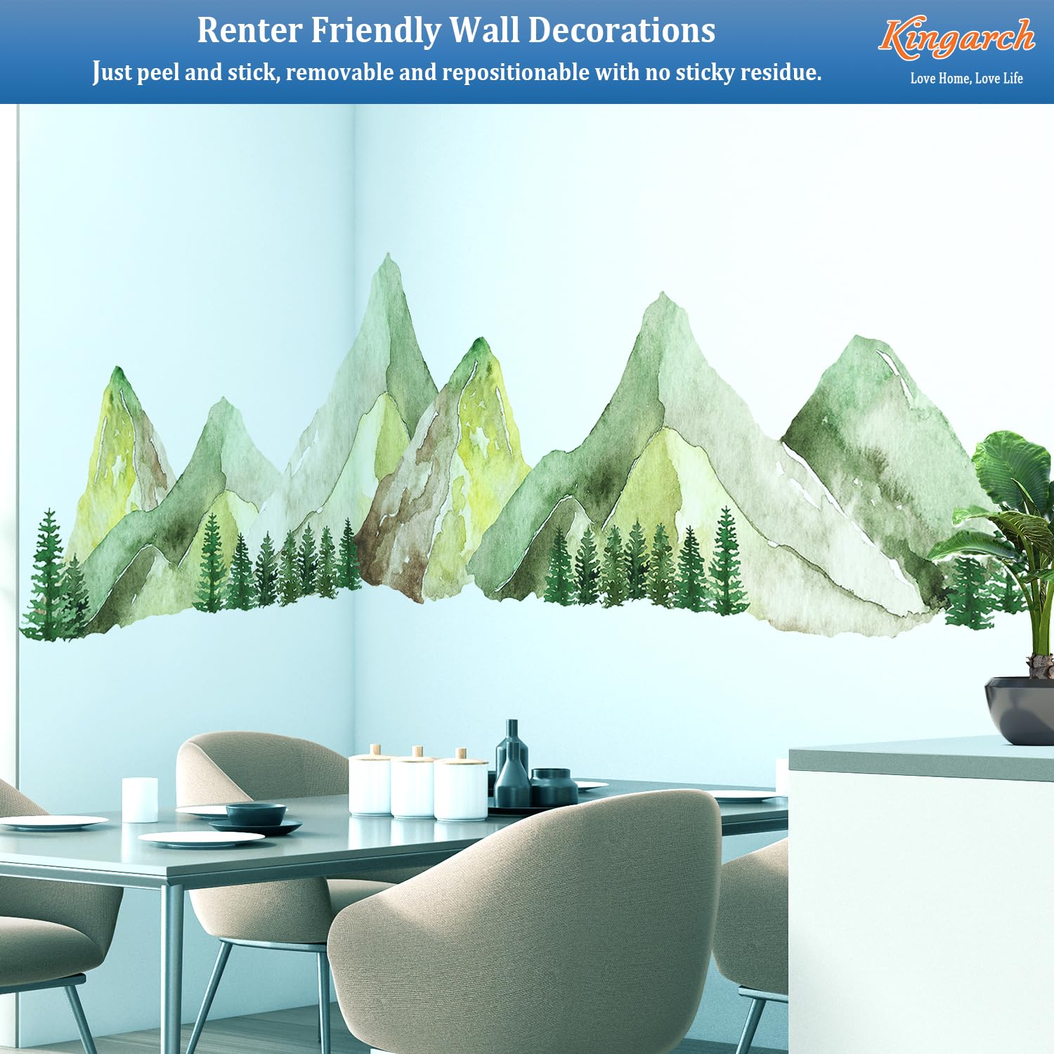 Kingarch Large Mountain Wall Decals, Green Pine Tree Peel And Stick Vinyl Wall Stickers & Murals, Removable Home Room Wall Decor