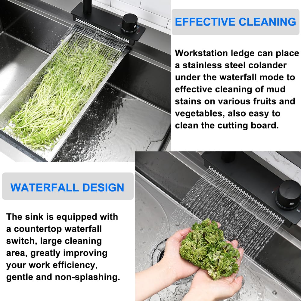 Boomhoze Black Stainless Steel Waterfall Kitchen Sink, 33X22 Workstation Drop In Kitchen Sink With Faucet Combo 16 Gauge Top Mou