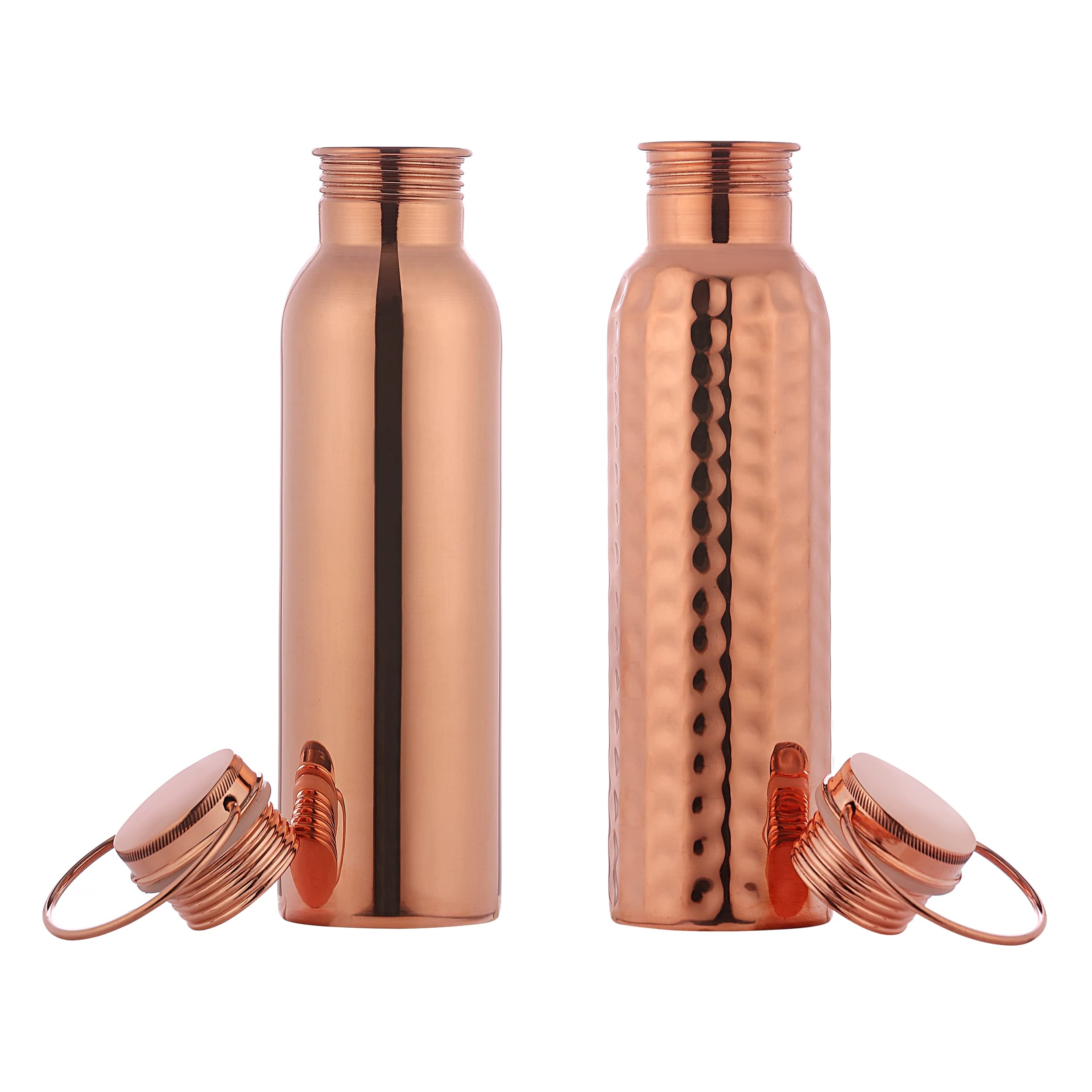 Set Of Plain And Hammered Copper Water Bottle With Handle, 600 Ml (20.28 Us Fl Oz) For Ayurveda Health Benefits