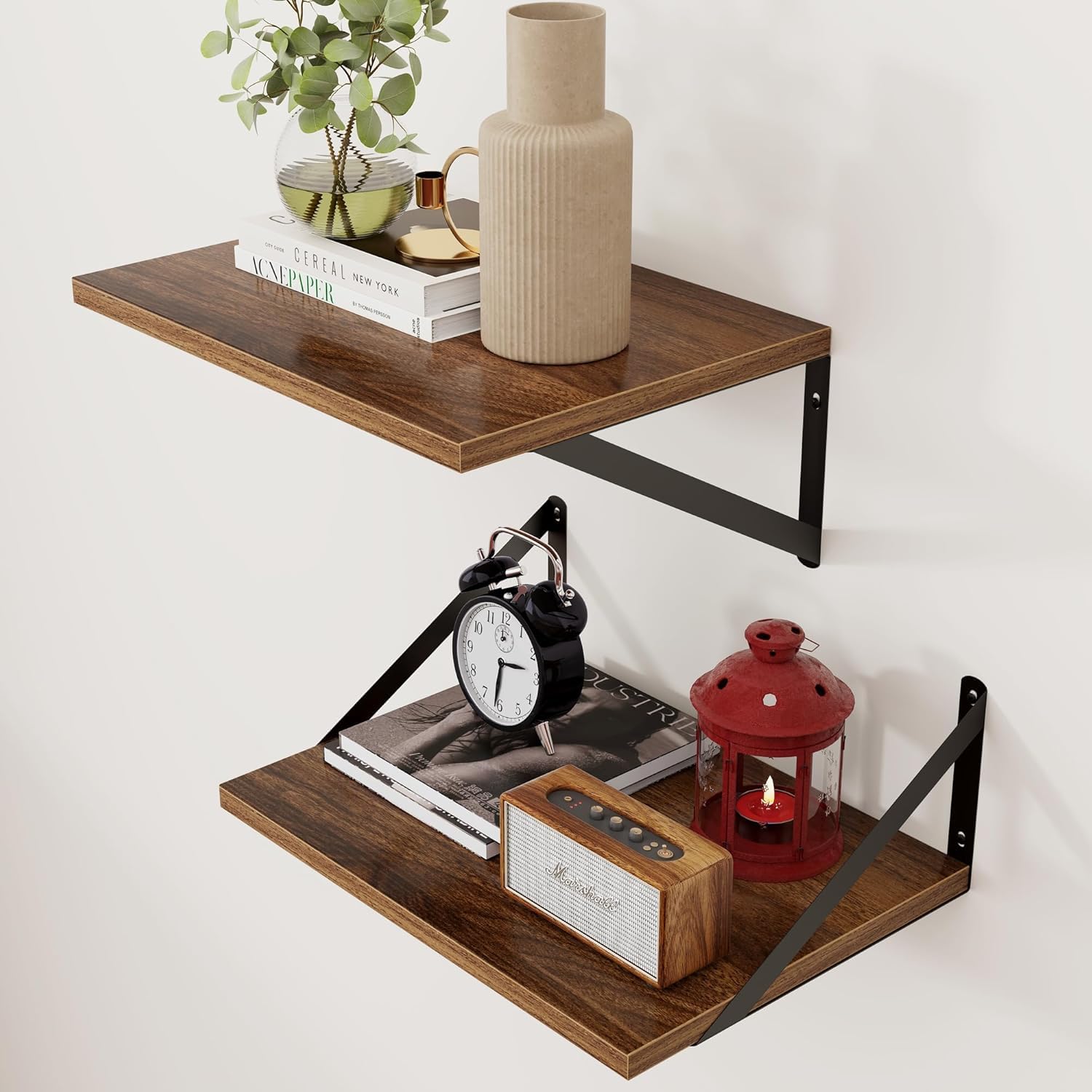 Craftware W12 Inch Deep Floating Shelves For Wall, 16W X 12D Wood Wall Shelves Set Of 2, Walnut Wide Floating Bookshelf For Livi