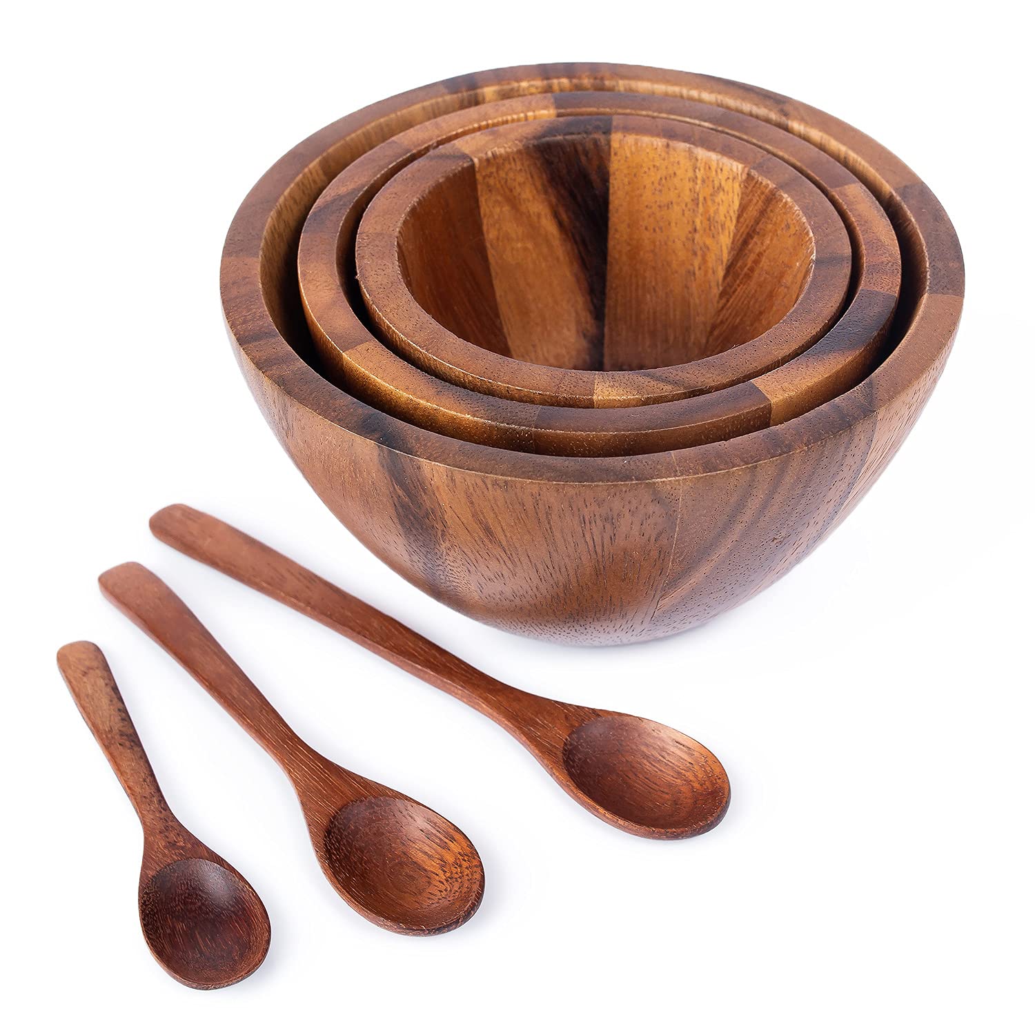 Bestysuperstore Tiny Nesting Round Wood Bowls Mix Size 4 '', 5 '', 6 '' Stackable Acacia Wooden Bowl Set With 3 Spoons For Servi