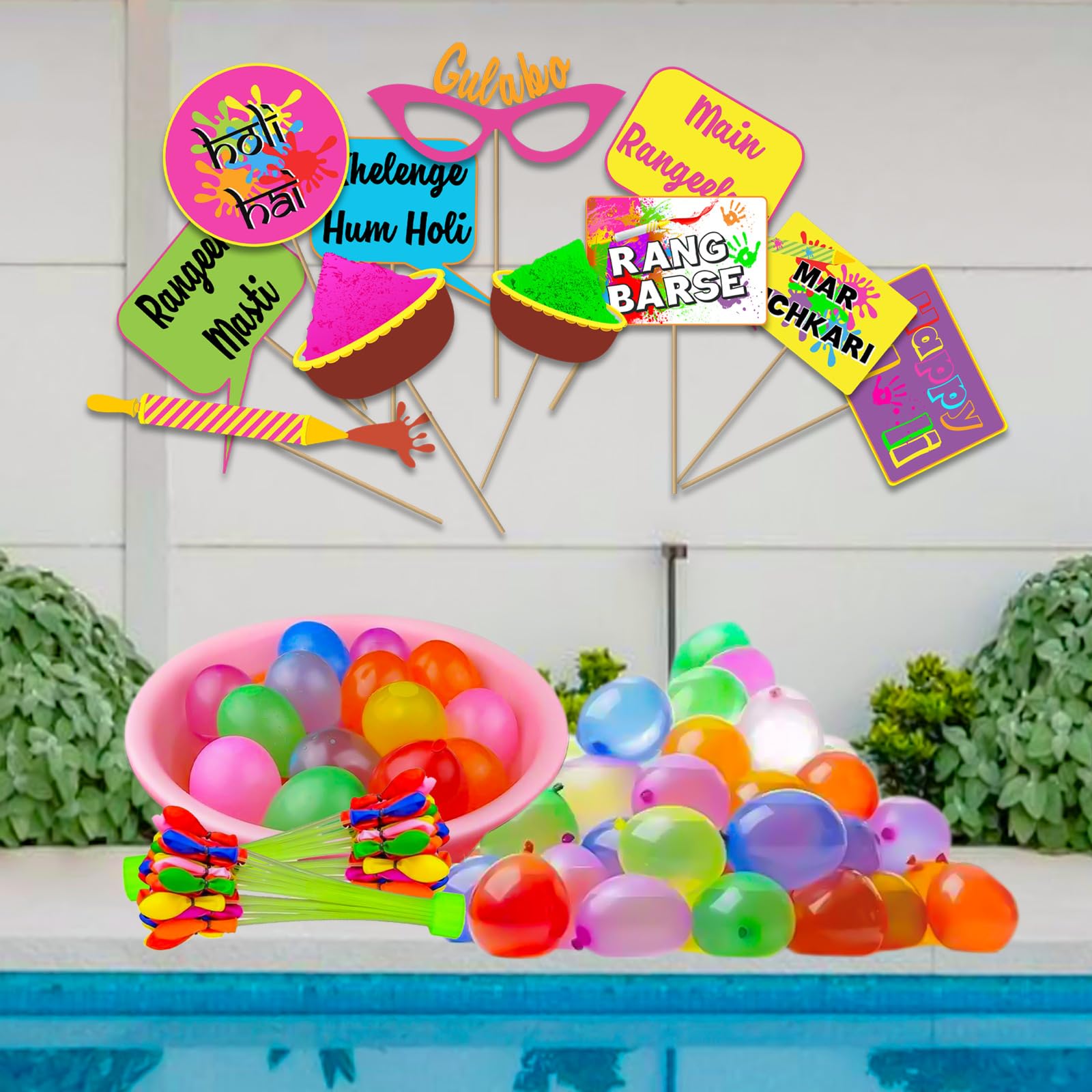 Untumble Holi Photo Booth props with Water Balloons (Pack of 122 pcs)