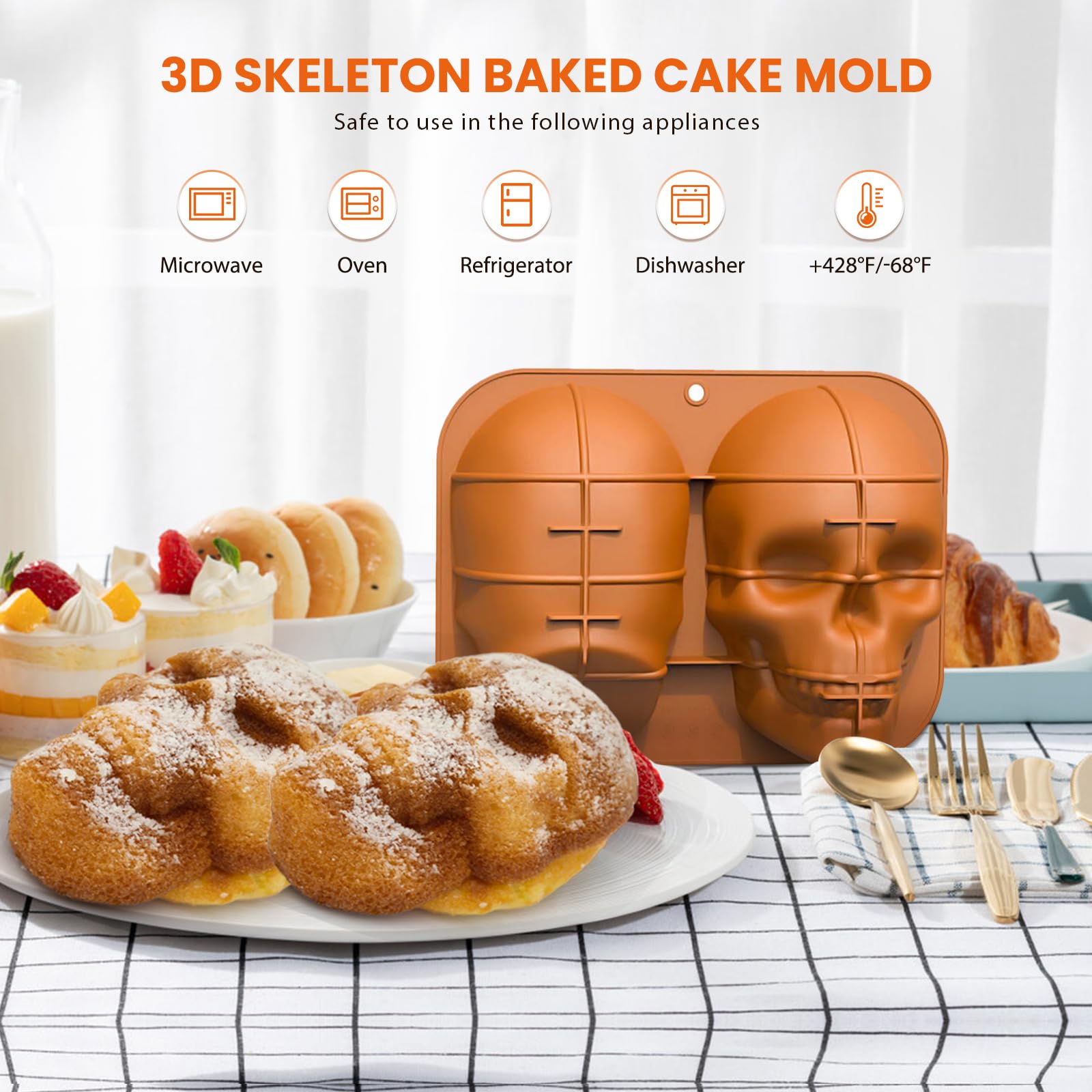 Tznponr 3D Skull Cake Molds For Baking, Cake Molds For Halloween, Food Grade Silicone Diy Large Skull Cake Pan For Birthday,Hall