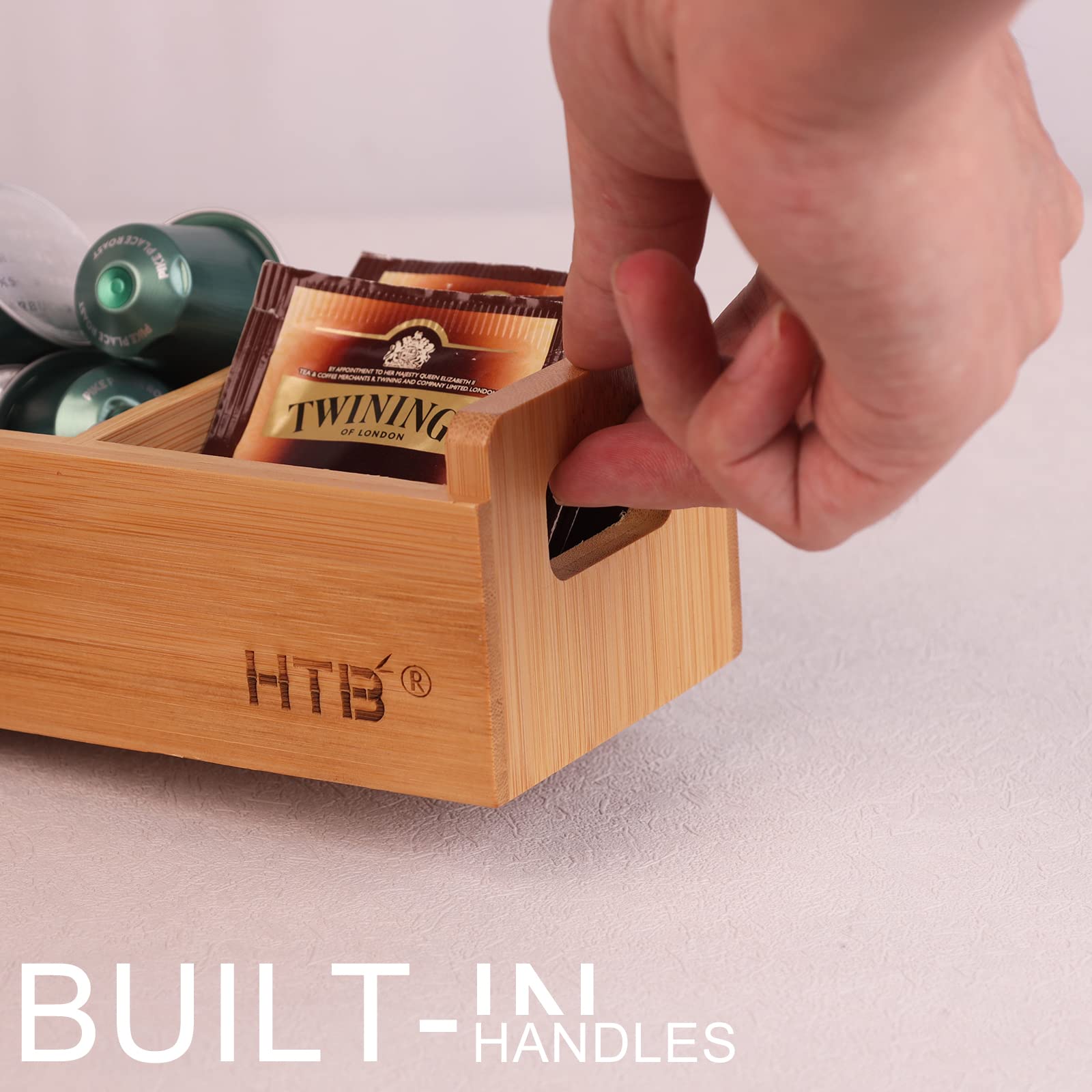 Small Tea Bag Holder by HTB  Bamboo Tea Organizer 3 Compartments for Beverage Suppliers  Sweeteners  Individual Packets  Portable Tea Bag Organizer for Home Kitchen Counter or Office