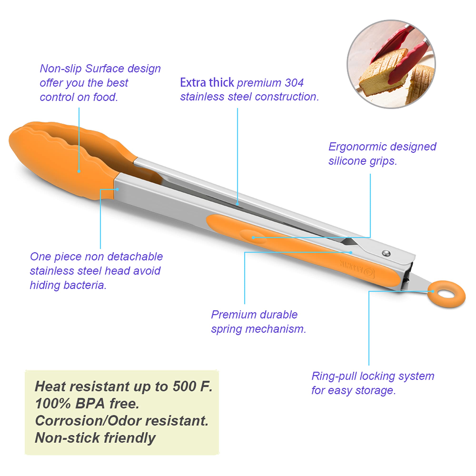 4 Pack Orange Kitchen Tongs, Premium Silicone Bpa Free Non-Stick Stainless Steel Bbq Cooking Grilling Locking Food Tongs, 9-Inch