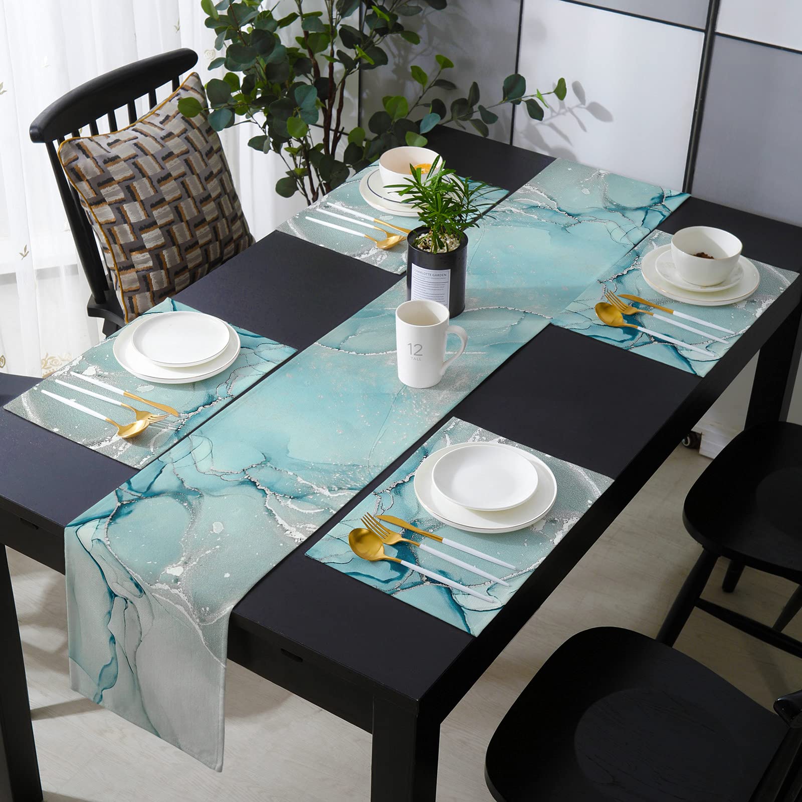 Blue Marble Table Runner 90 Inch And Place Mats Set Of 6 Green Gray Texture Cotton Linen Table Mats Set, Heat Insulation Washabl