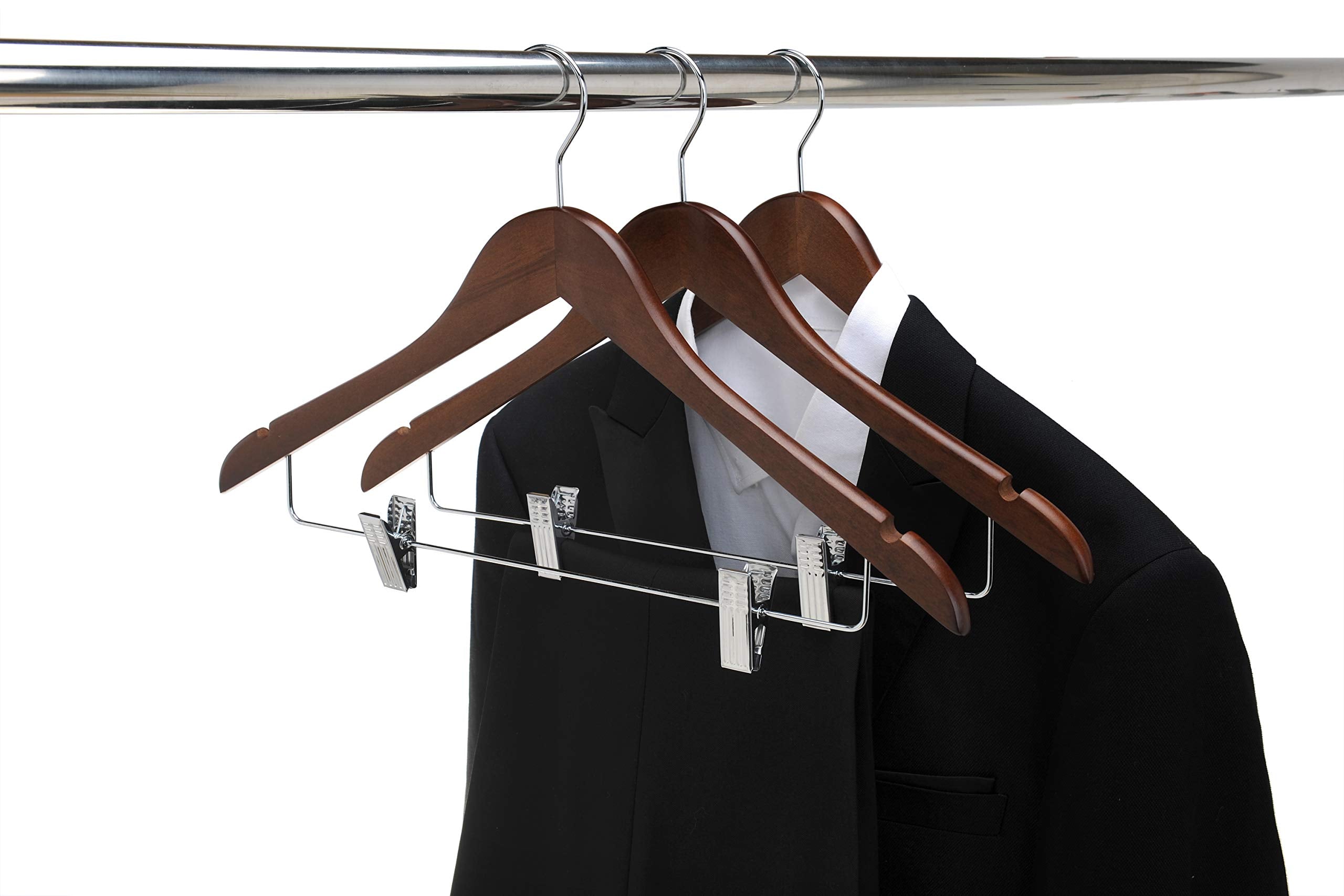 Quality Wooden Skirt Hangers with Clips  10-Pack Smooth Solid Wood Pants Hangers with Durable Adjustable Metal Clips  Swivel Hook  Coat  Jacket  Blouse Suit Hangers (Walnut - Chrome Hook  10)