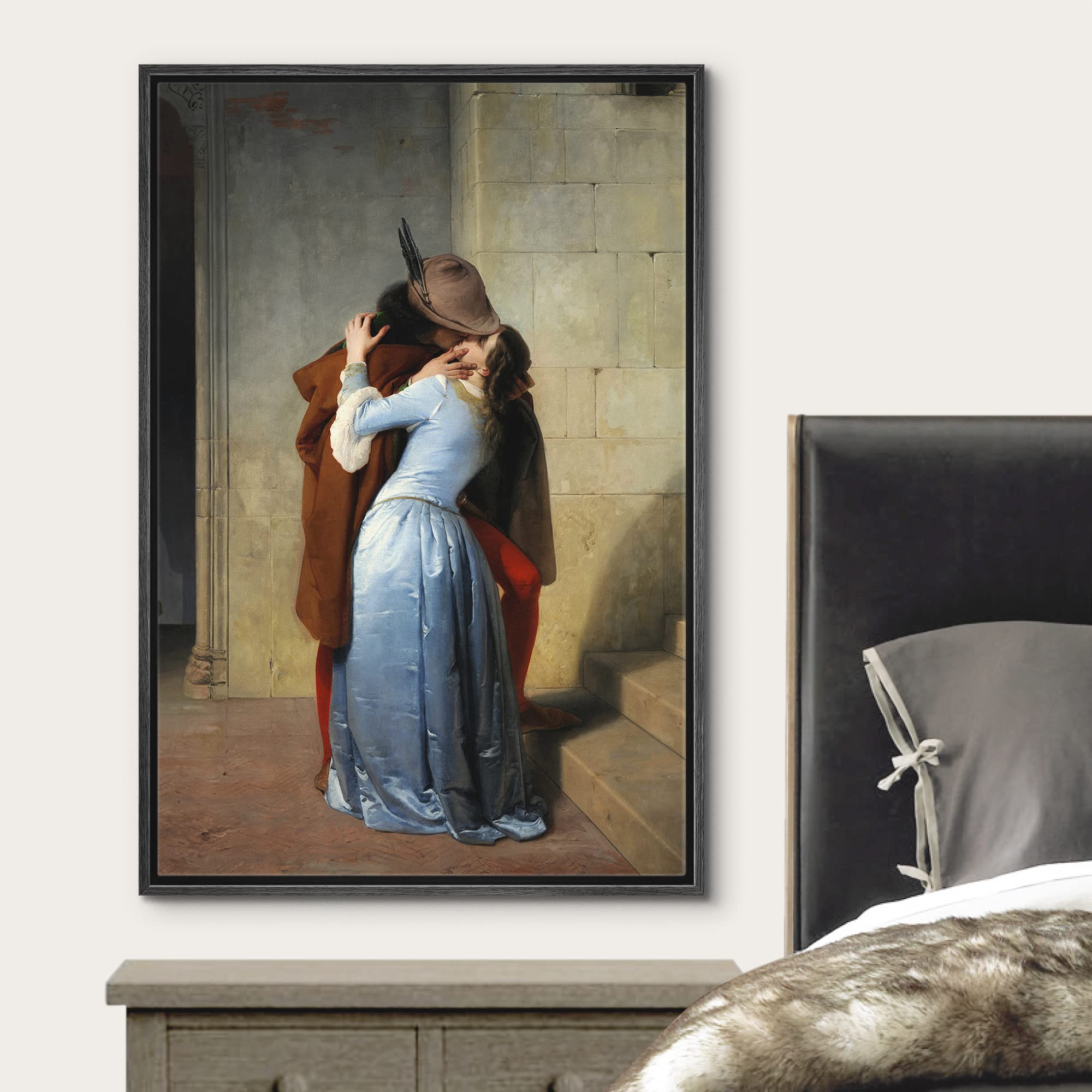 Wall26 The Kiss (Il Bacio) By Francesco Hayez - Framed Canvas Print Wall Art Famous Painting Reproduction - 24''X36'' Black