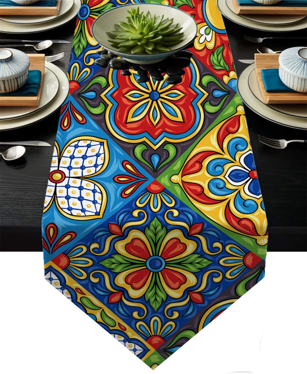 Mexican Talavera Ceramic Tile Pattern Linen Table Runners Dinner Table Setting Dresser Scarves Farmhouse Style For Party Holiday