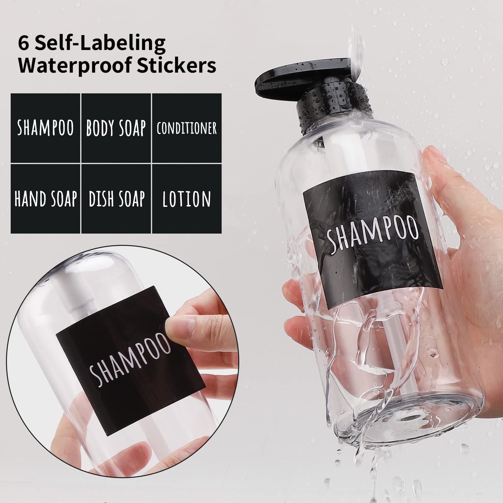 Shampoo Bottles With Labels, Segbeauty 3Pcs 16.9Oz/500Ml Plastic Pump Bottle Dispenser, Empty Refillable Shower Lotion Body Soap