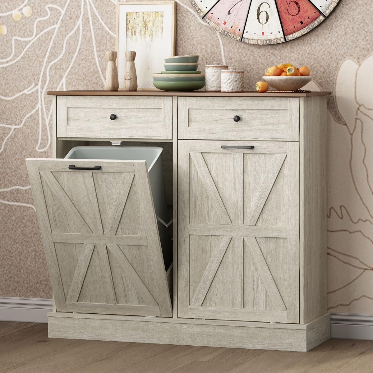 Halitaa Trash Can Cabinet, Double Tilt Out Trash Cabinet With 2 Drawers, Hidden Kitchen Trash Bin Cabinet For 10 Gallon Garbage