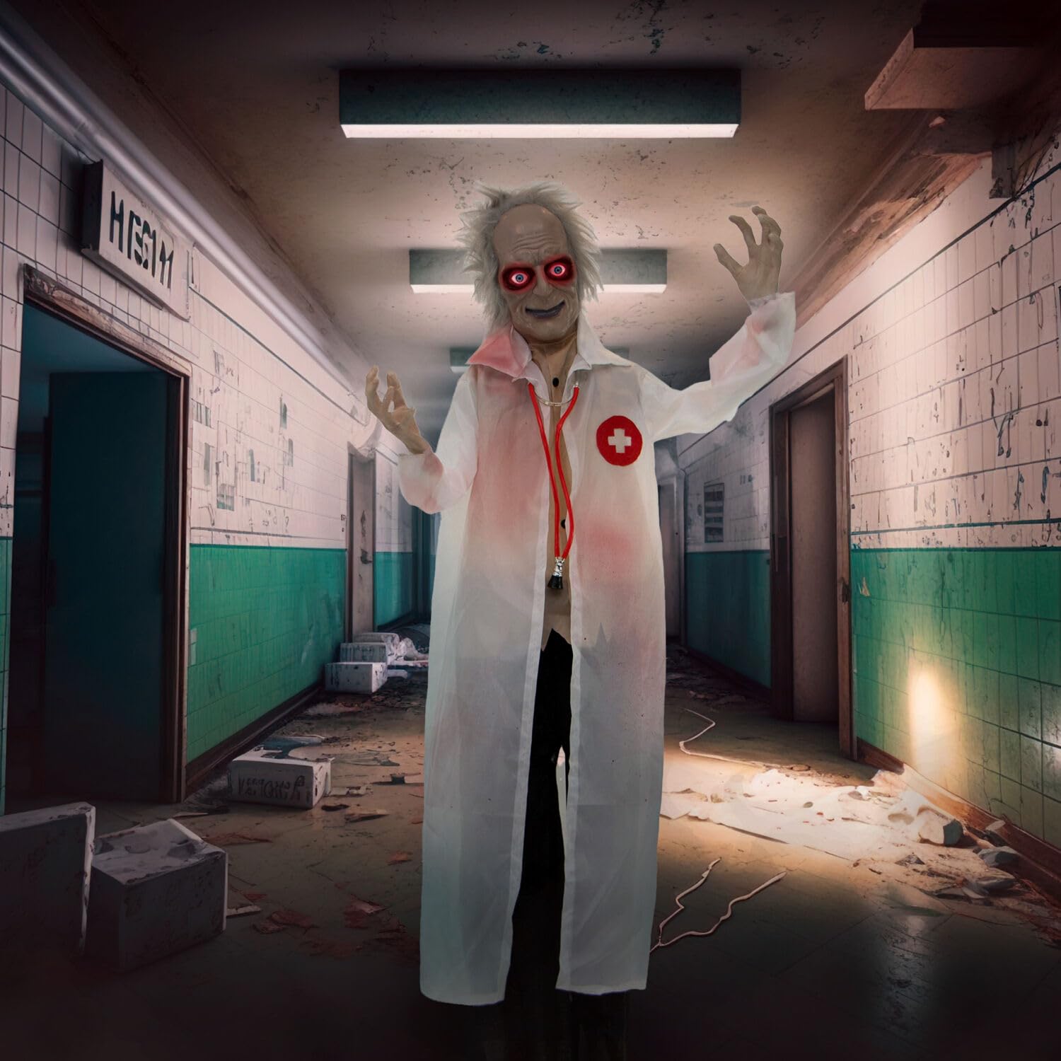 Haunted Hill Farm Life-Size Scary Doctor Animatronic with Touch Activated Lights and Sounds, Battery Operated Indoor or Covered