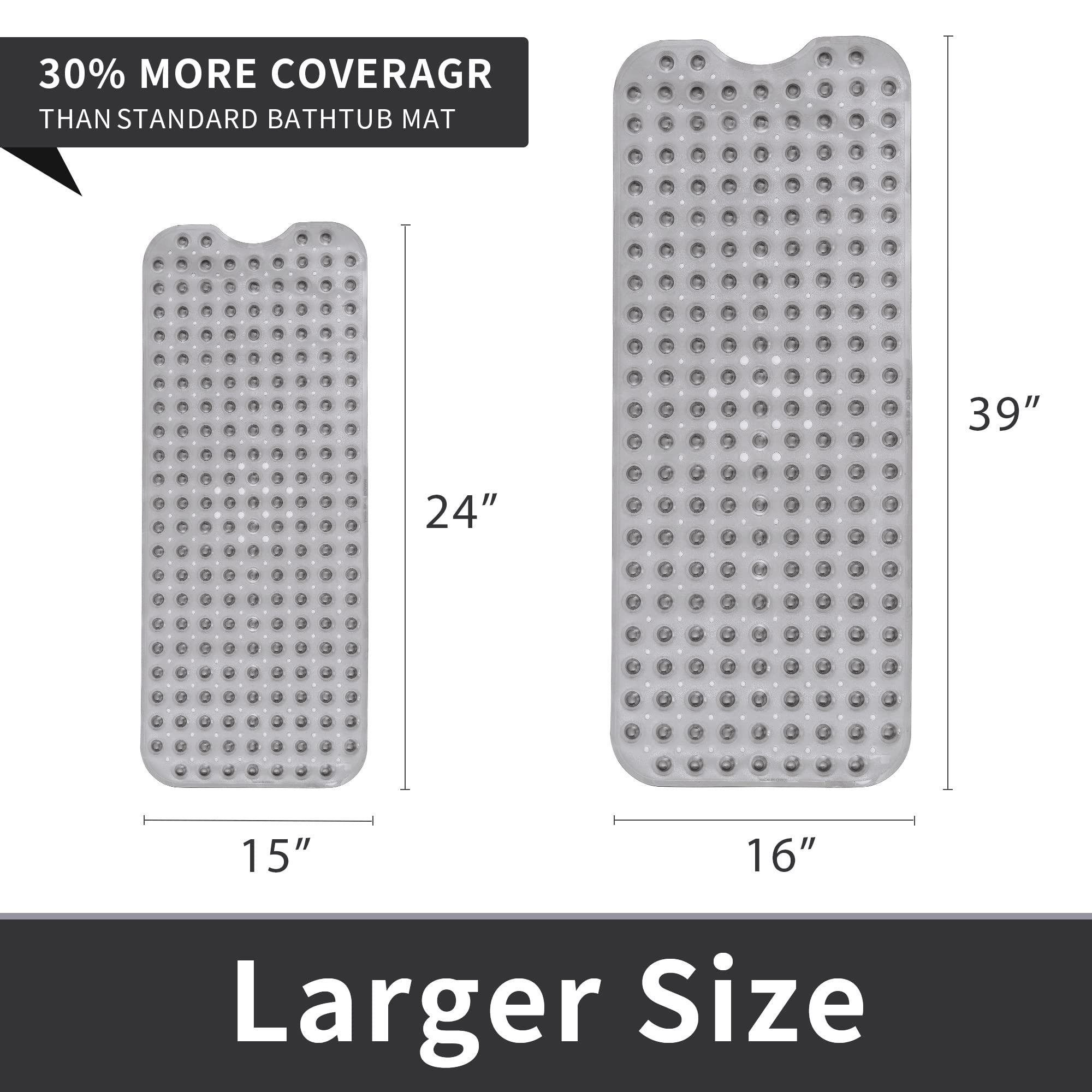 Rosmarus Extra Long 16    X 39    Non-Slip Bathtub Mat, Shower Mat For Tub With Suction Cups And Drain Holes Bathtub Mats For Ki