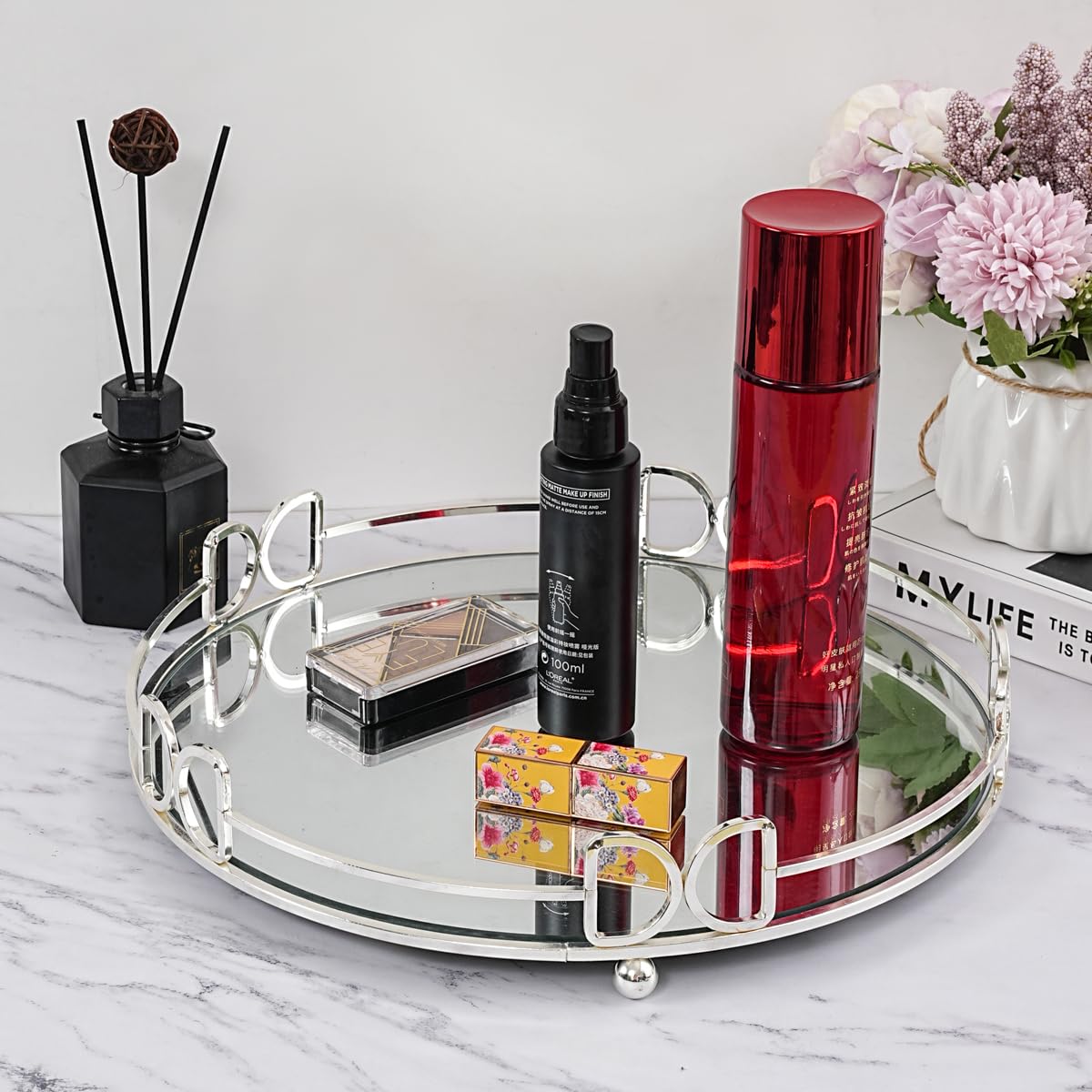 Mirror Vanity Tray Round Metal Makeup Tray Cosmetic Perfume Tray For Dresser Bathroom Bedroom Countertop Organizer Tray (Silver