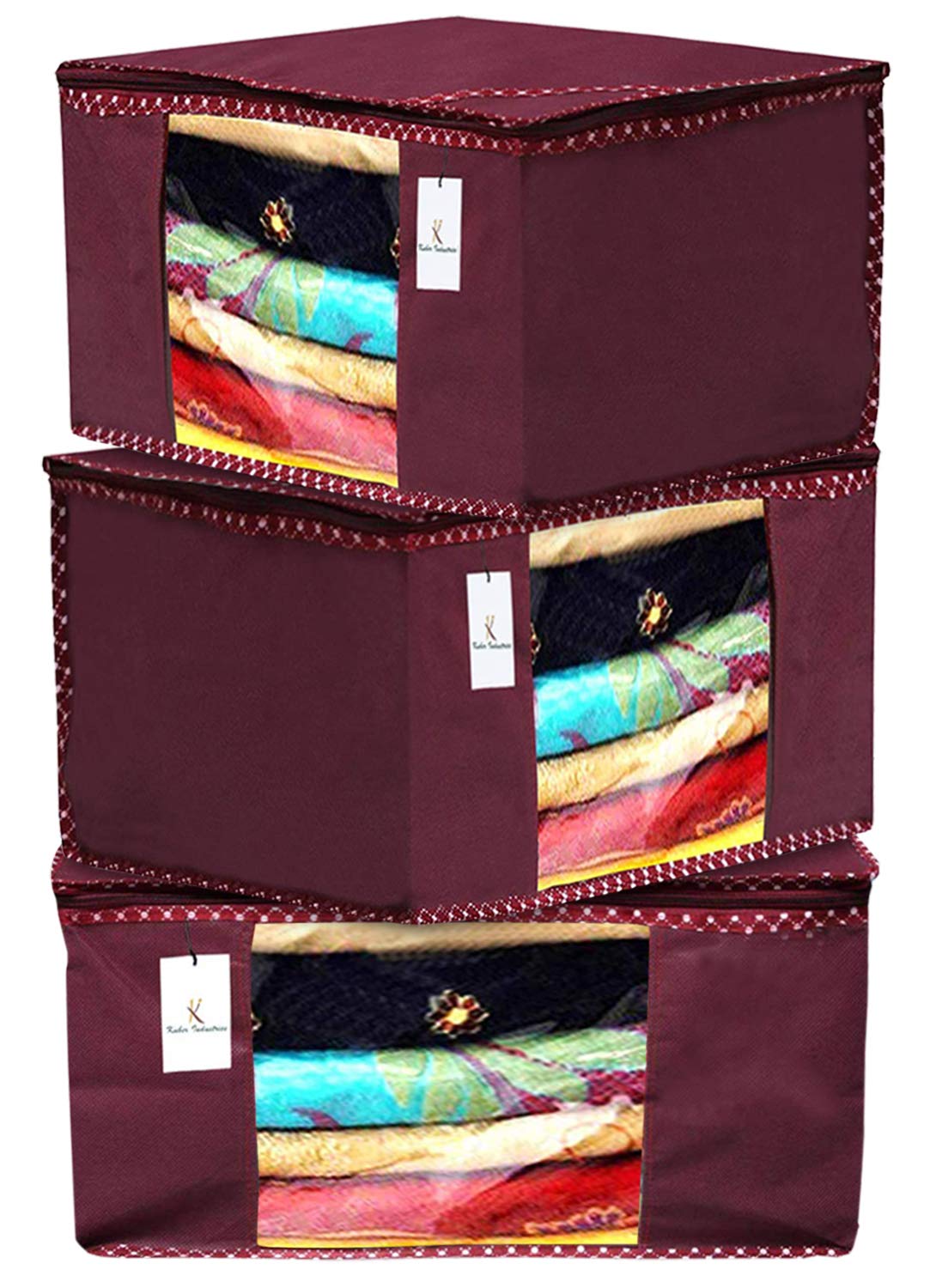 Kuber Industries 3 Pieces Non Woven Fabric Saree Cover/Clothes Organizer For Wardrobe Set With Transparent Window, Extra Large (
