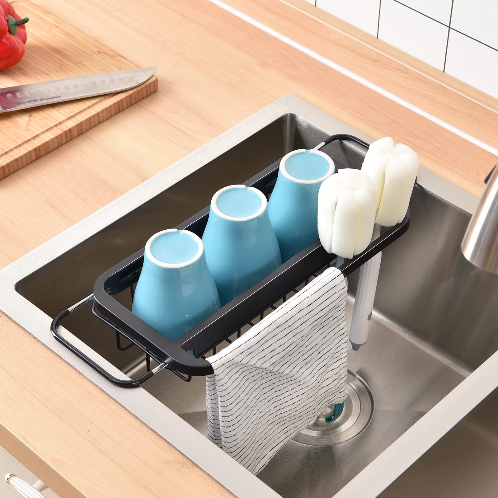 Toolf Expandable Sink Caddy, Sink Drying Rack With Dish Towel Bar, Over The Sink Adjustable Sink Organizer For Kitchen, Rustproo