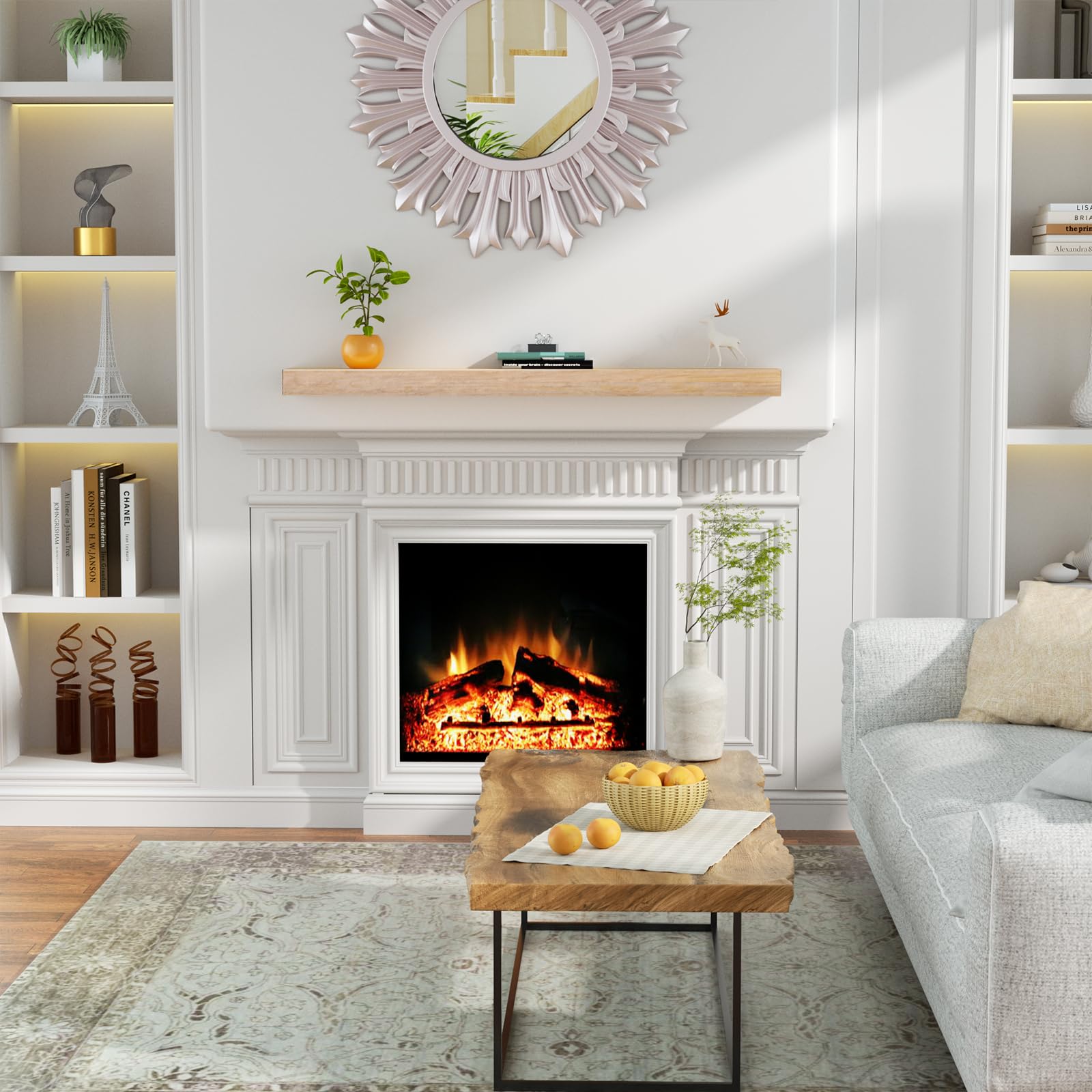 Roomtec Fireplace Mantel,60'' Wood Floating Fireplace Shelves,Wall Mounted Wooden Display Shelving,Handcrafted Wood Brack,Natura