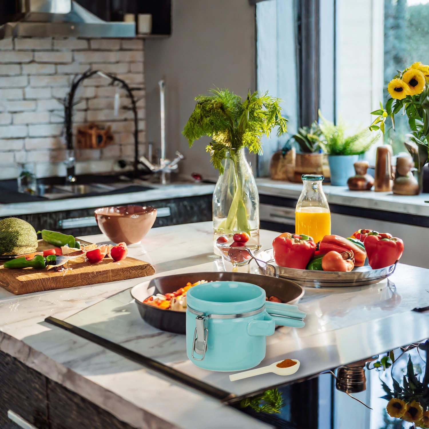 Canister Sets For The Kitchen (4 Piece) Turquoise, High Gloss Ceramic | By Home Basics | Decorative Set | With Wooden Spoons, Co